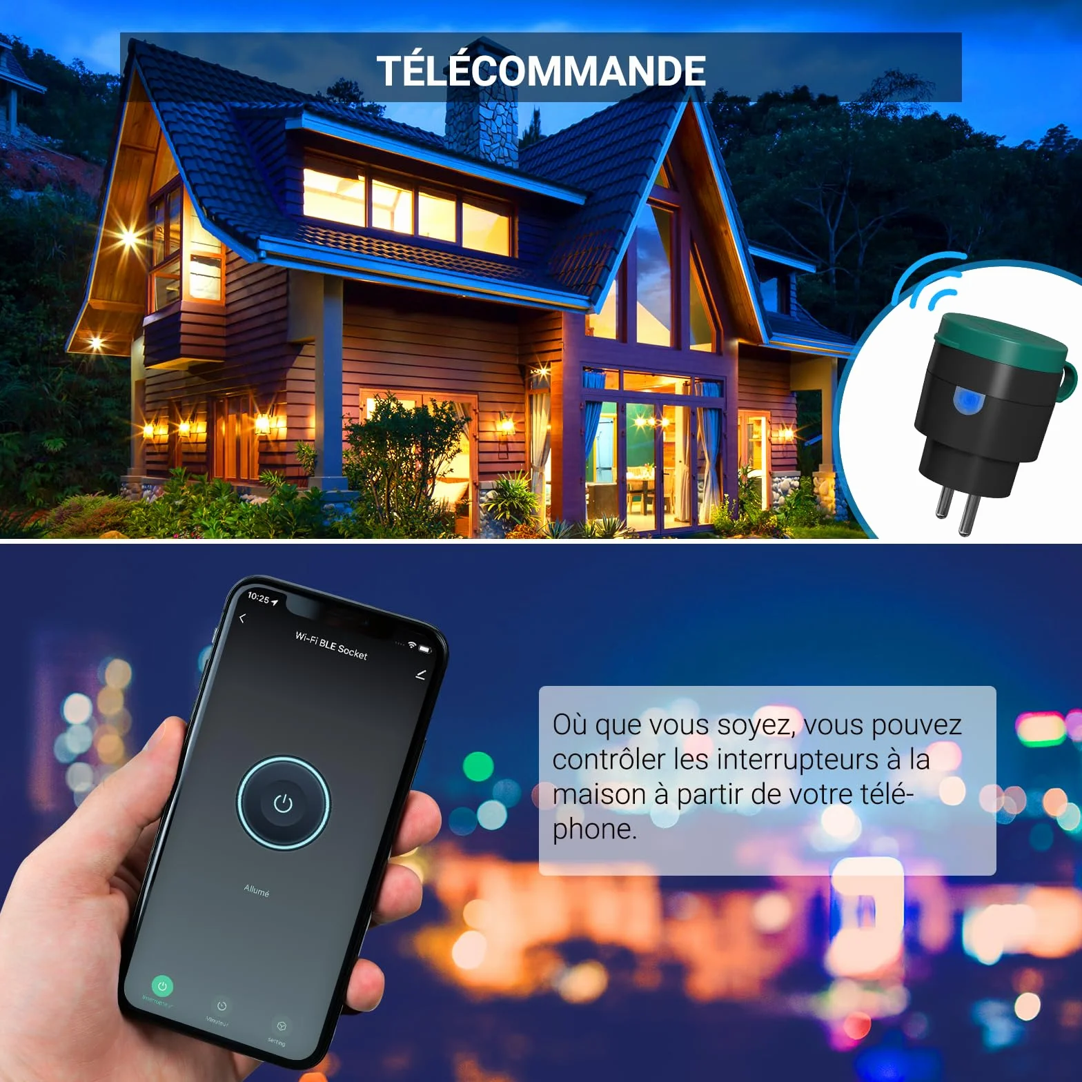 Prise connectée extérieure étanche WiFi 10A Type E IP44 compatible Alexa Google Assistant