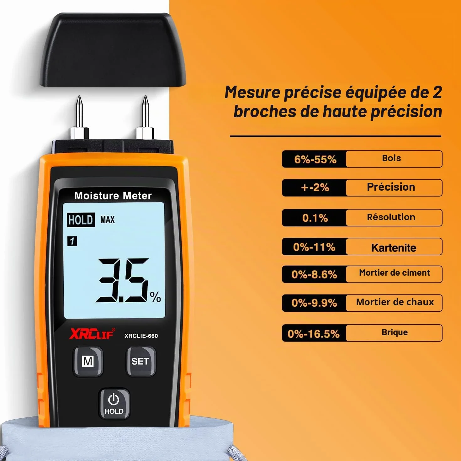 XRCLIF Testeur Humidité Mur & Bois, Compteur de fuites, Détecteur Teneur en eau avec Rétroéclairage LCD