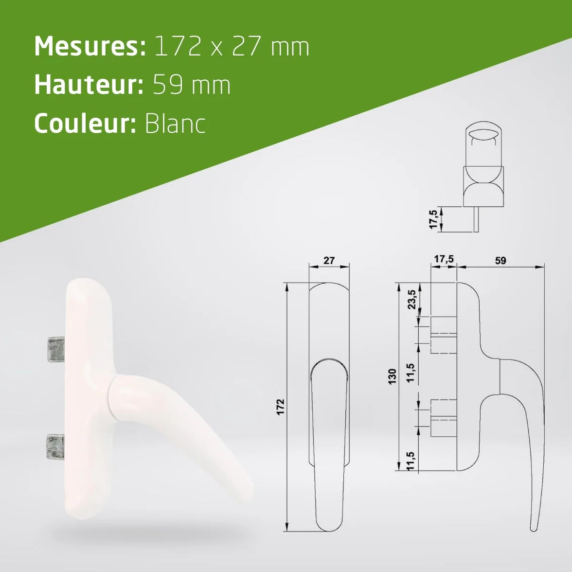 Amig Poignée pour fenêtres ouvrantes latérales aluminium PVC blanche 172 x 27 x 59 mm