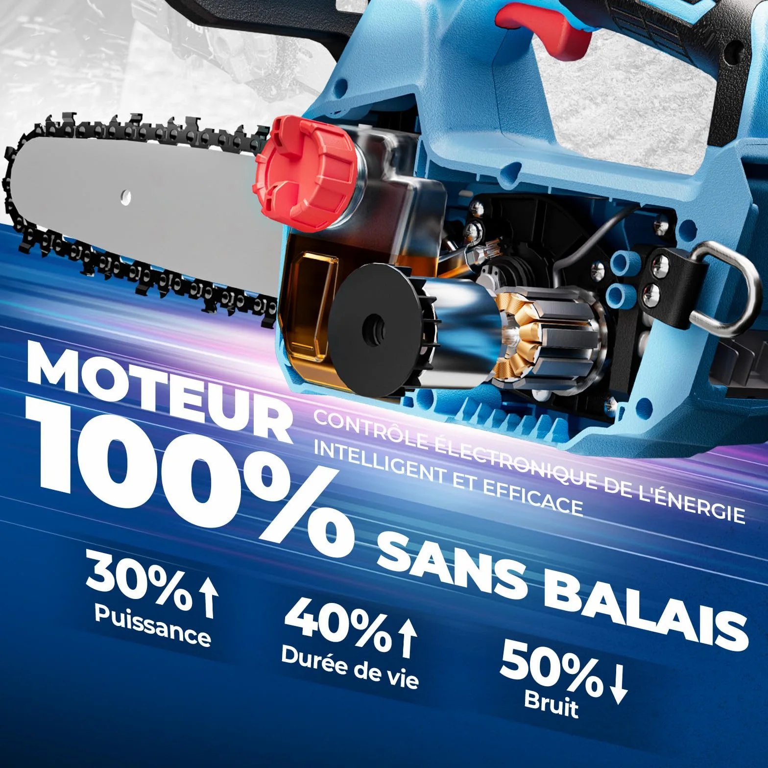 DongCheng Tronçonneuse sans fil a batterie 20V, moteur sans balais, guide-chaîne OREGON de 30 cm, tension de chaîne sans outil, Graissage automatique de la chaîne, avec batterie 4,0 Ah et chargeur