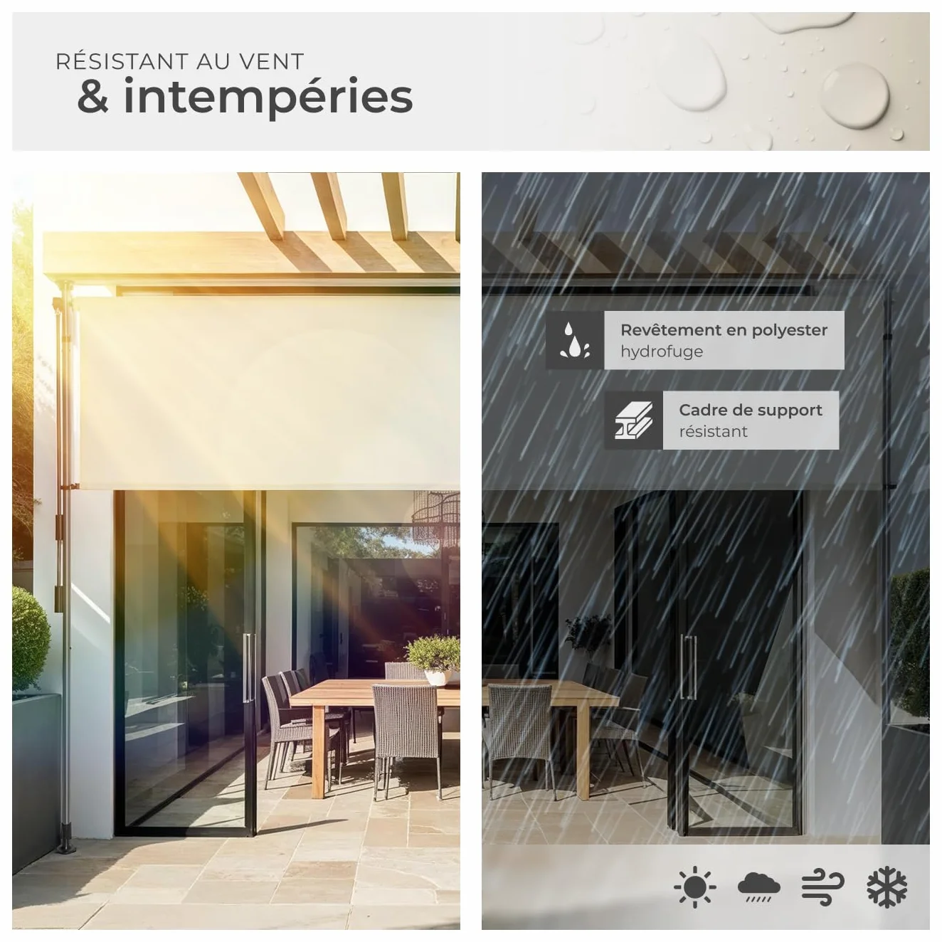 Store Banne sans Perçage Vertical avec Manivelle, Brise Soleil Opaque en Acier laqué époxy - Beige, 200 x 310 cm