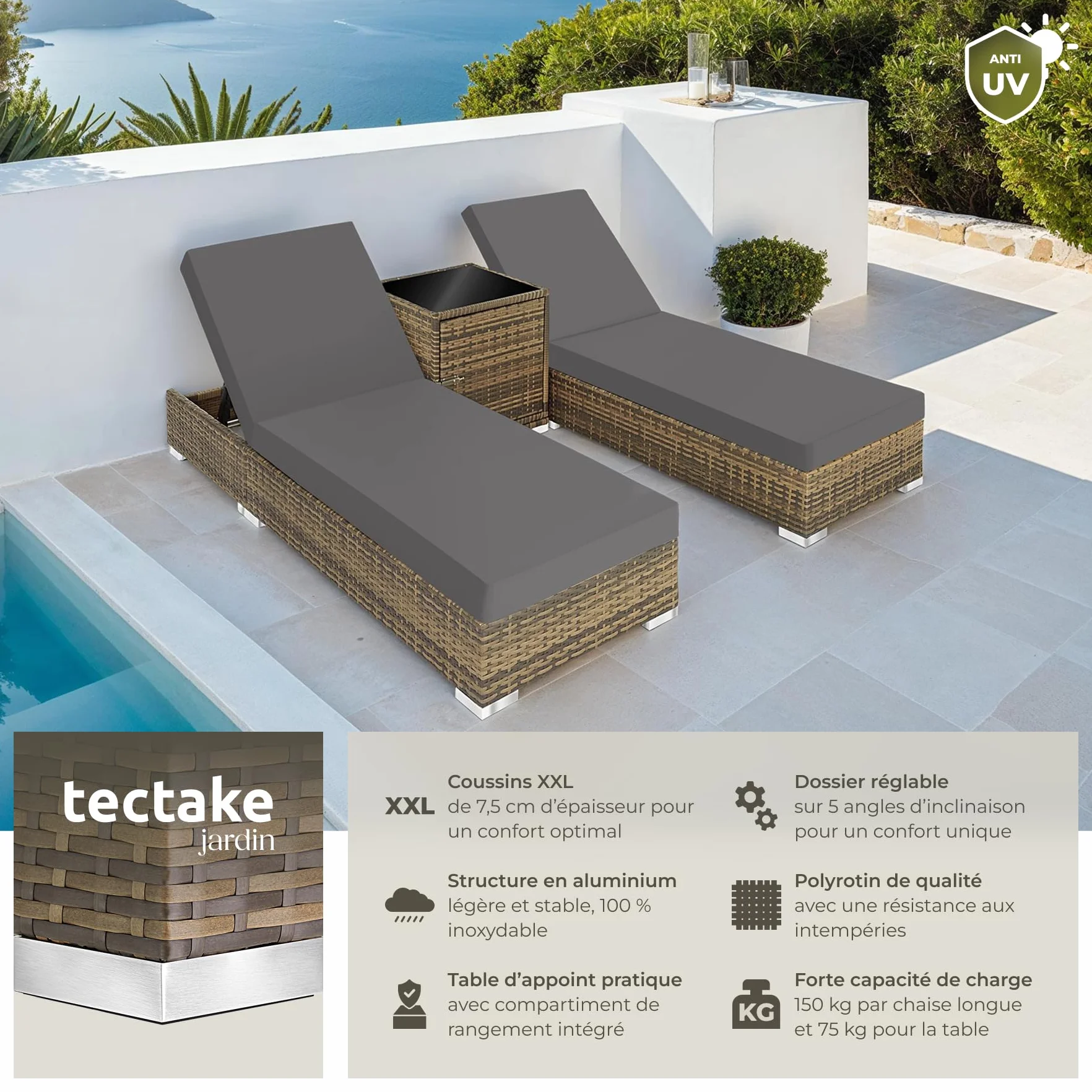 Tectake Set de 2x Chaise Longue Bain de Soleil avec Dossier réglable + Table de Jardin Aluminium Resine Tressee + Housses - Marron Naturel