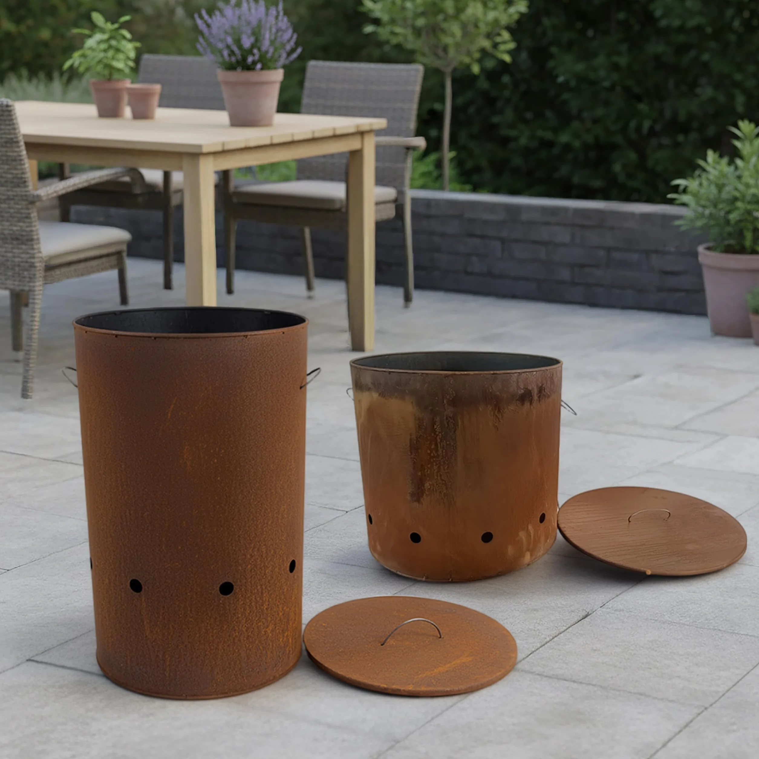 Relaxdays Tonneau à feu en Acier Corten, Aspect rouillé, H45xD49,5cm, brasero avec Couvercle, Brun rougeâtre XL