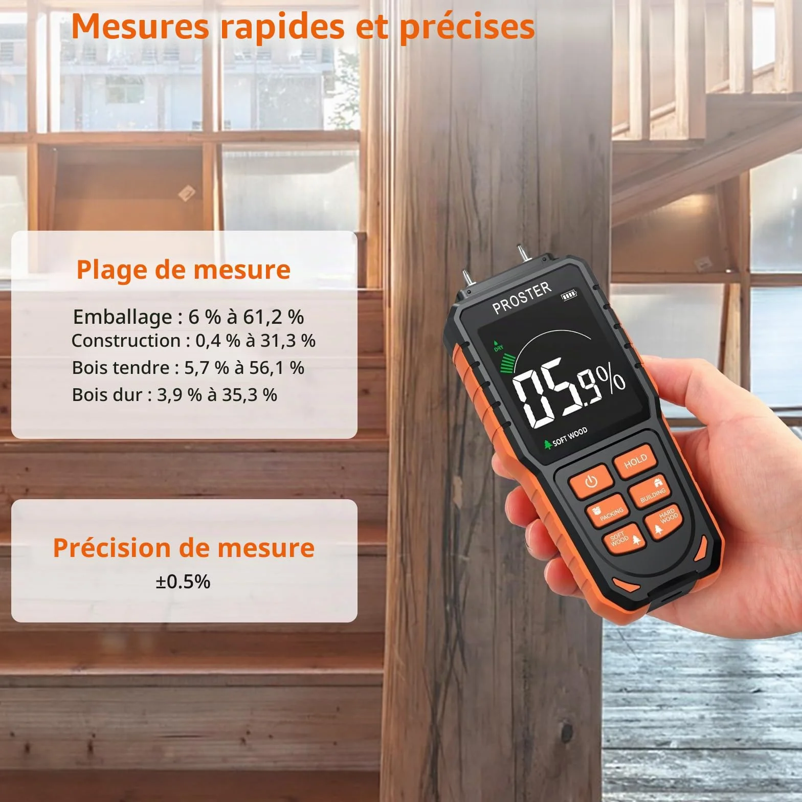 Proster Humidimètre Numérique à Broche Remplaçables Haute Précision 4 Modes Écran LCD Couleur Testeur Humidité Portable Rechargeable