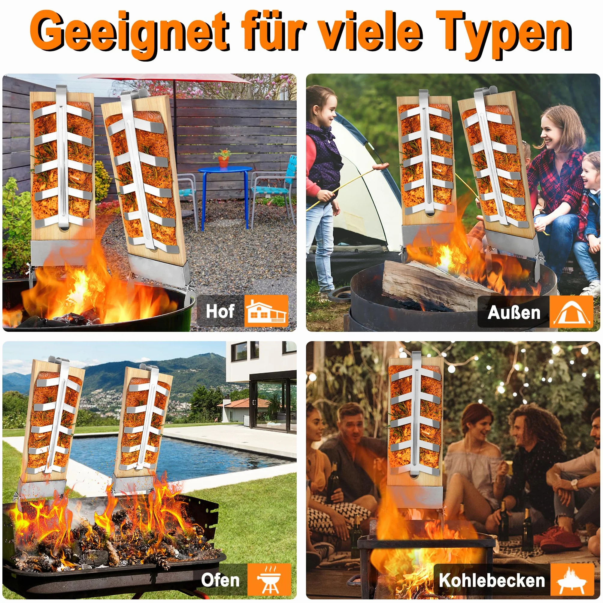 Lot de 4 planches à saumon flammé en acier inoxydable, support réglable 5 niveaux, planche à fumer en cèdre pour barbecue