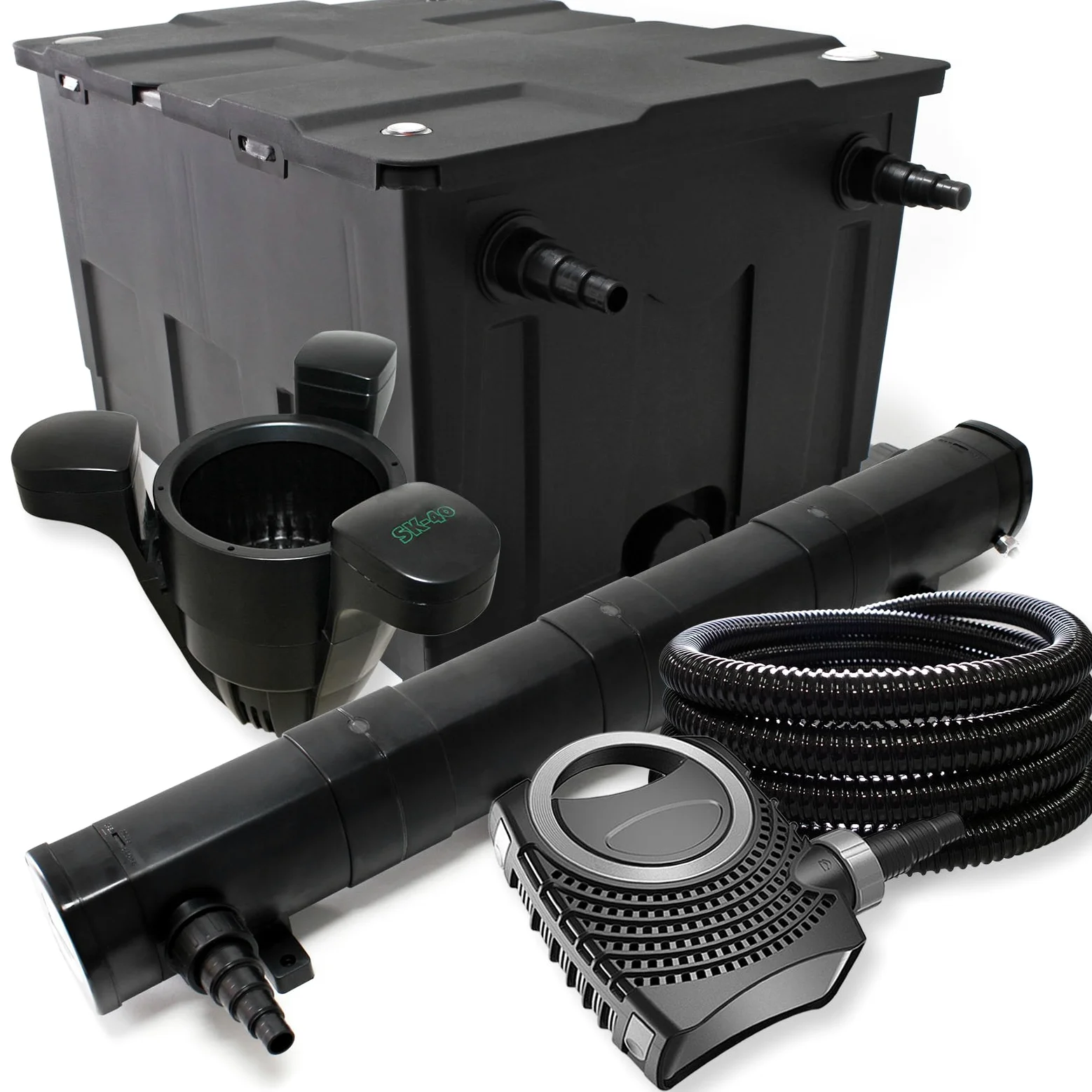 WilTec Kit Complet: CBF-550 Filtre de Bassin jusqu'à 60000 L Biologique, NEO10000 Pompe de Filtration 10000l/h 80W, CUV-272 Lampe UV 72W, 25m Tuyau 25 mm, SK-40 Écumeur 3000l/h 60W