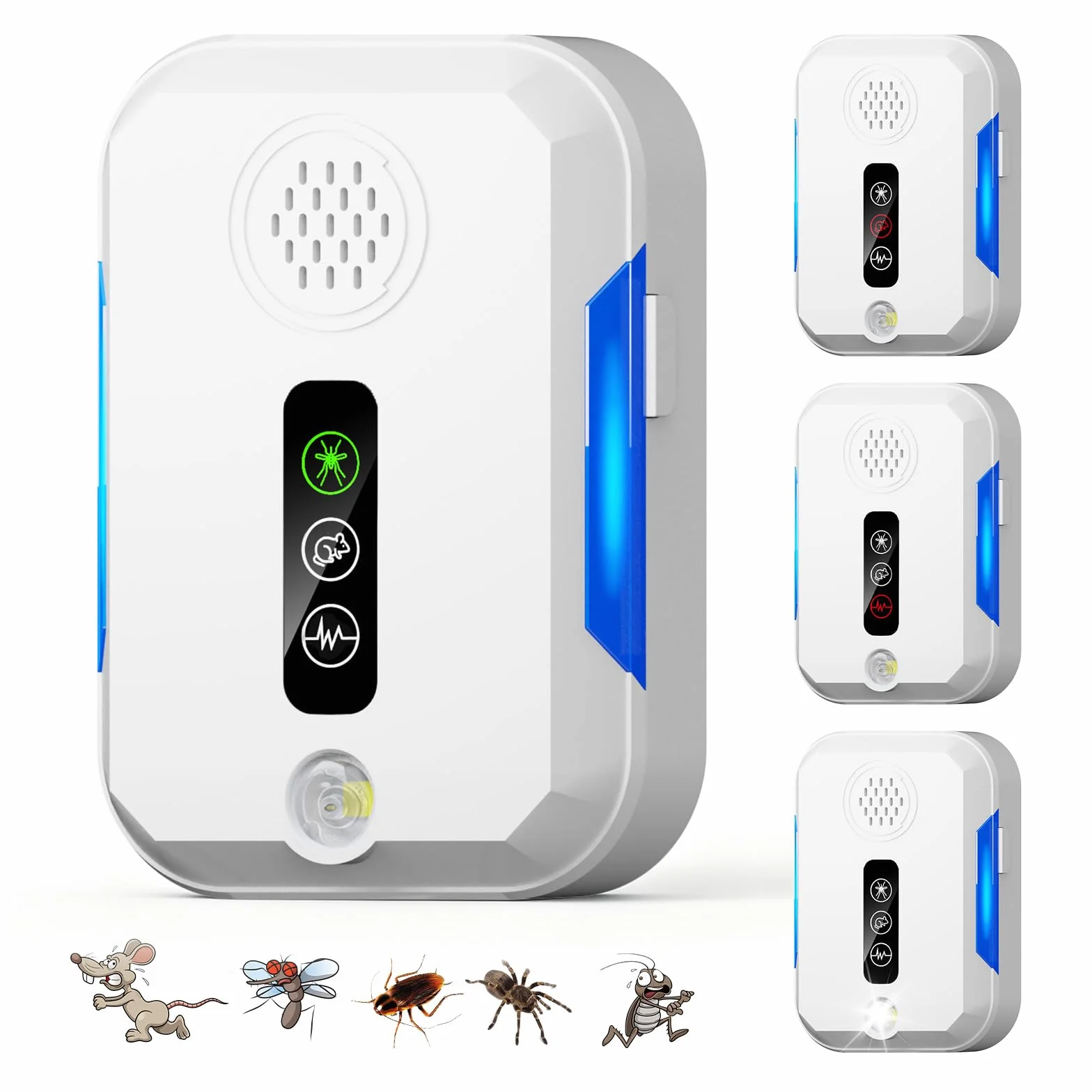 Ultrason Souris et Rats, 4 Pcs Intérieure Repulsif Souris avec 4 Modes Appareil Ultrason pour Nuisible Repousse Rats Moustiques Araignées Mouches Punaises Sûr pour Enfants et Animaux