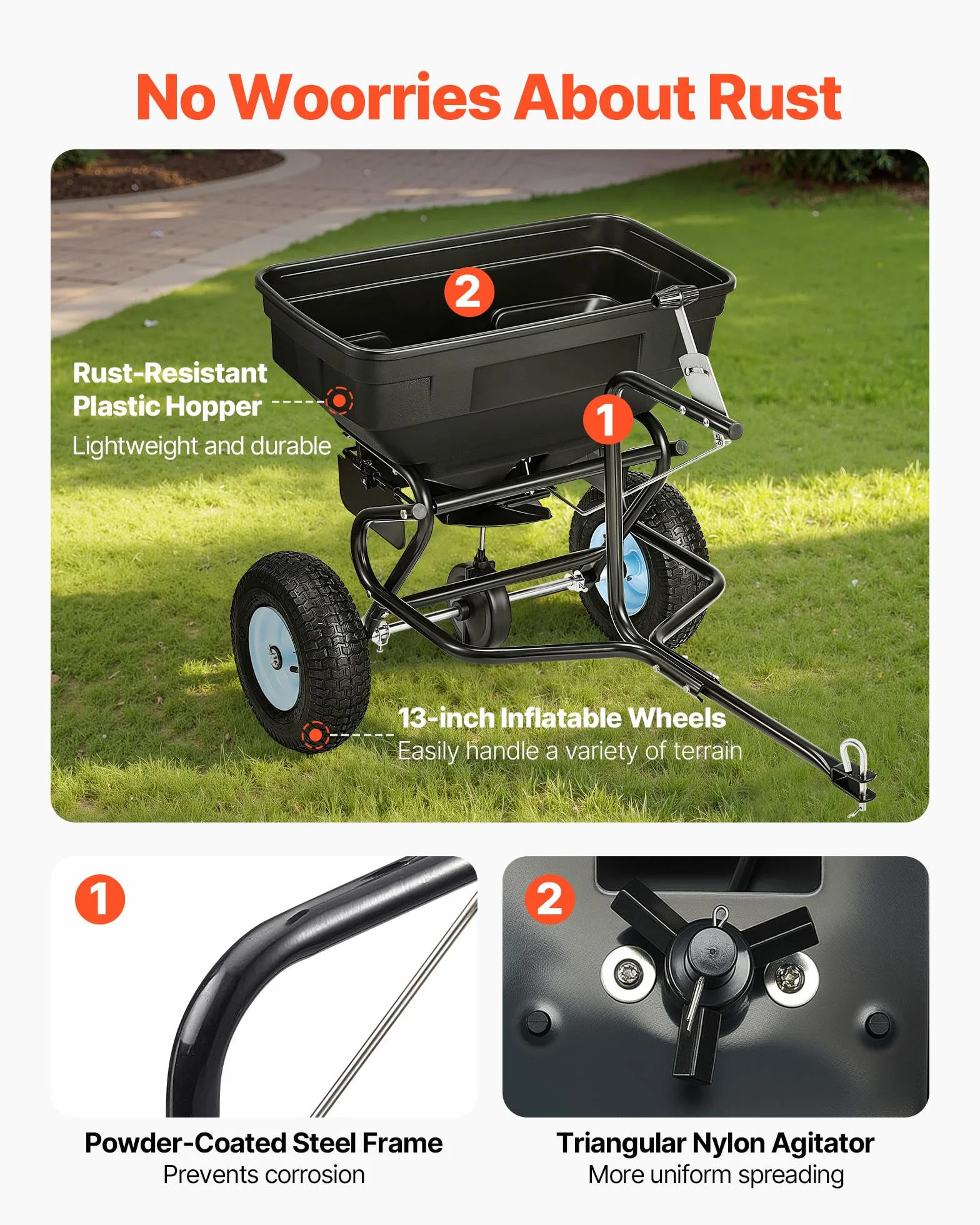VEVOR Épandeur Engrais Tracté Capacité 59 kg Épandeur à Semence à Remorquer Largeur Épandage 0-3 m Semoir à Pousser pour Graines, Sel Déneigement, Semer Jardinage, Pelouse, Gazon, avec Roues 33 cm