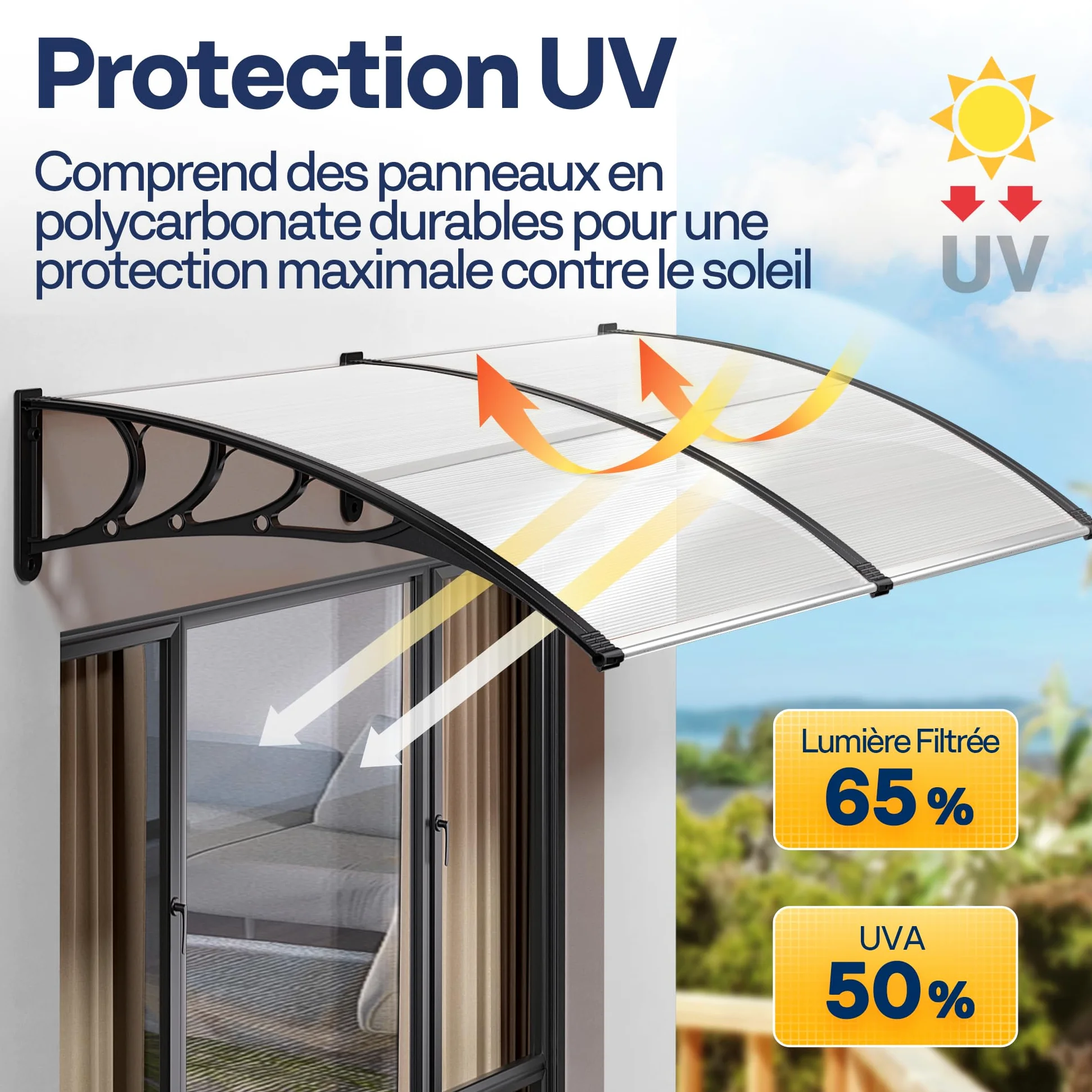 VIVOHOME Auvent de Porte et fenêtres 300x100cm Marquise de Porte Exterieur en Polycarbonate Transparent auvent en Arc pentu Protection Contre Pluie et UV pour Terrasse Balcon Patio