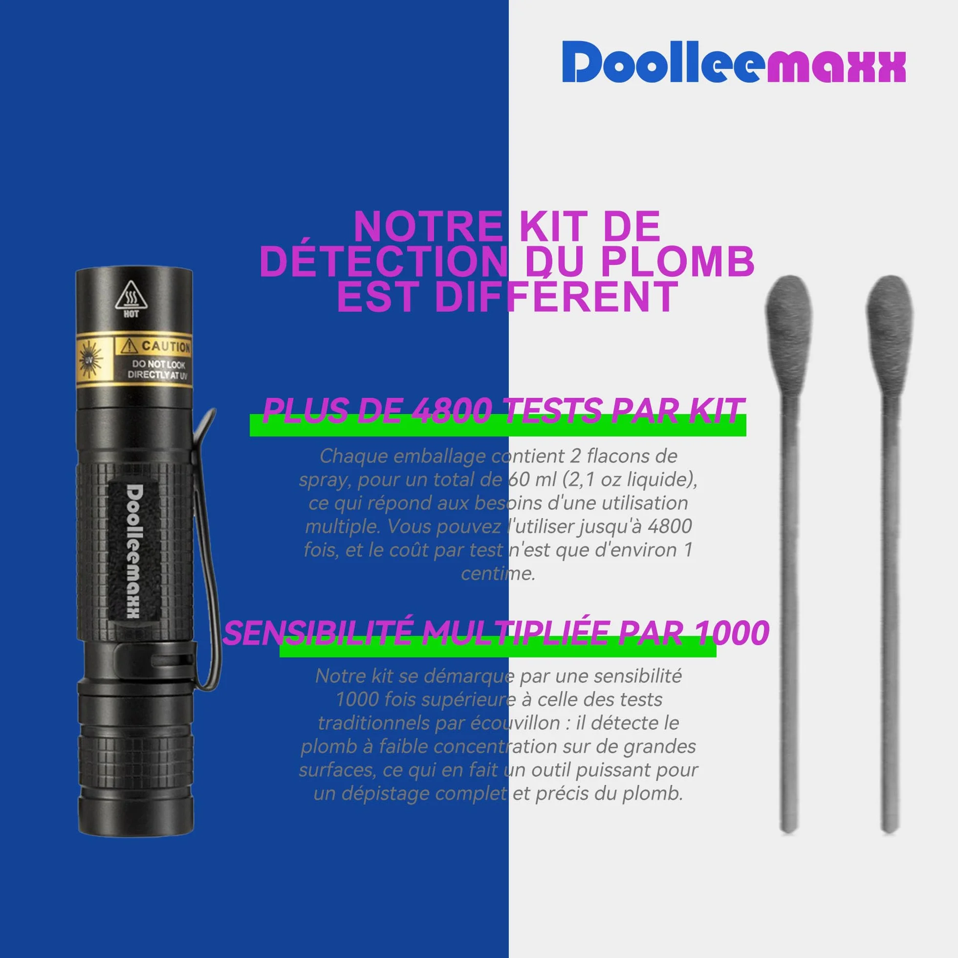 Kit de test pour peinture au plomb | Jusqu'à 4800 utilisations | Lumière UV visible