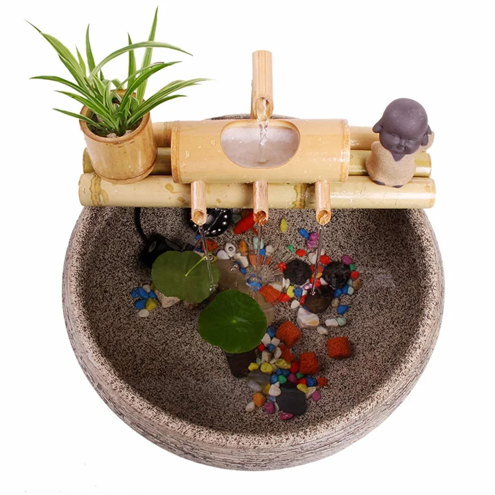 Fontaine d'eau Bambou Zen avec Pompe 7,8 Pouces Base Ronde, Intérieur Extérieur