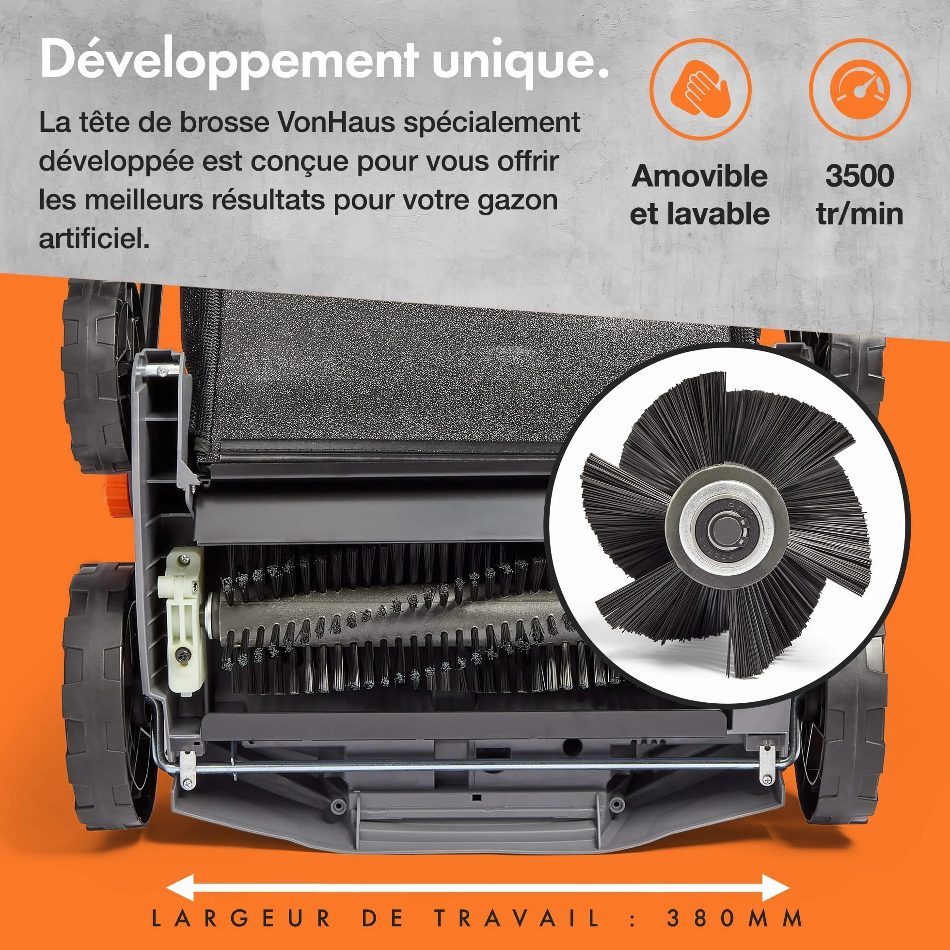 VonHaus Balayeuse Pelouse Artificielle 1800 W Électrique Sac 45 L 5 Hauteurs Réglables Largeur 380 mm
