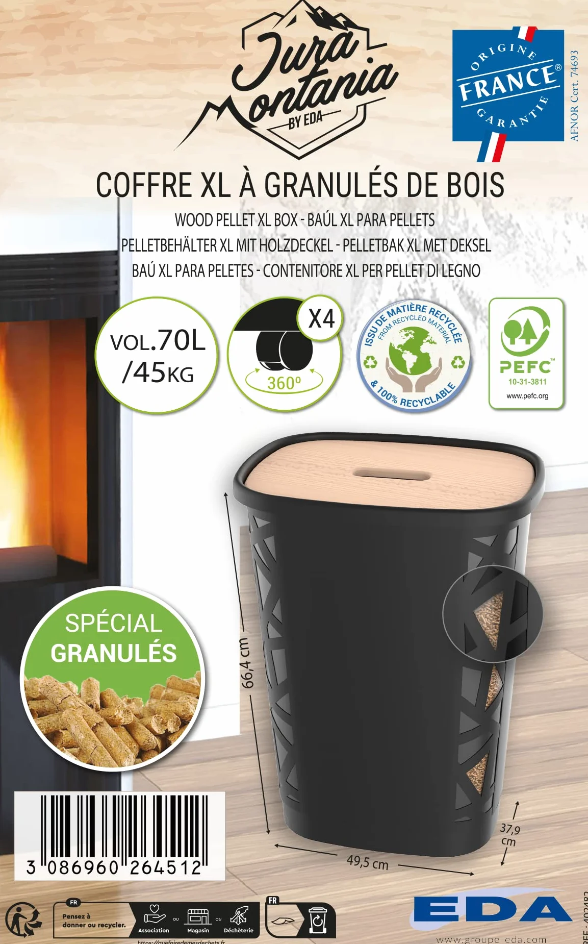 EDA Coffre à Granulés de Bois XL Noir 45kg