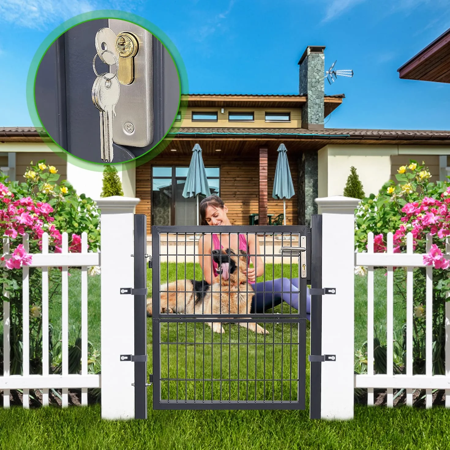 Daromigo Portail de jardin en métal - 120 x 100 cm - En acier galvanisé - Avec poignée, serrure et 3 clés - Porte de clôture robuste - Clôture de jardin - Anthracite