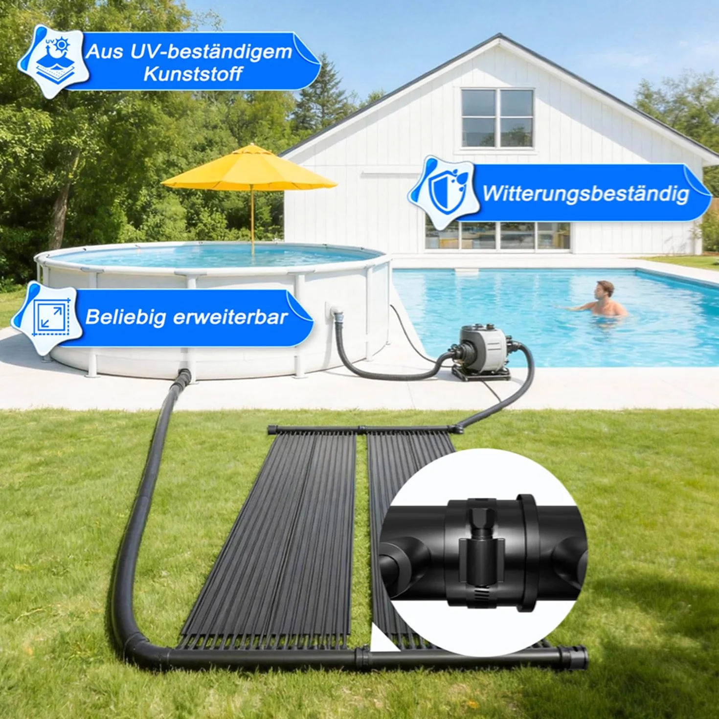 Ensemble de chauffage solaire pour piscine 500x140 cm, absorbeur solaire modulaire avec colliers et raccords