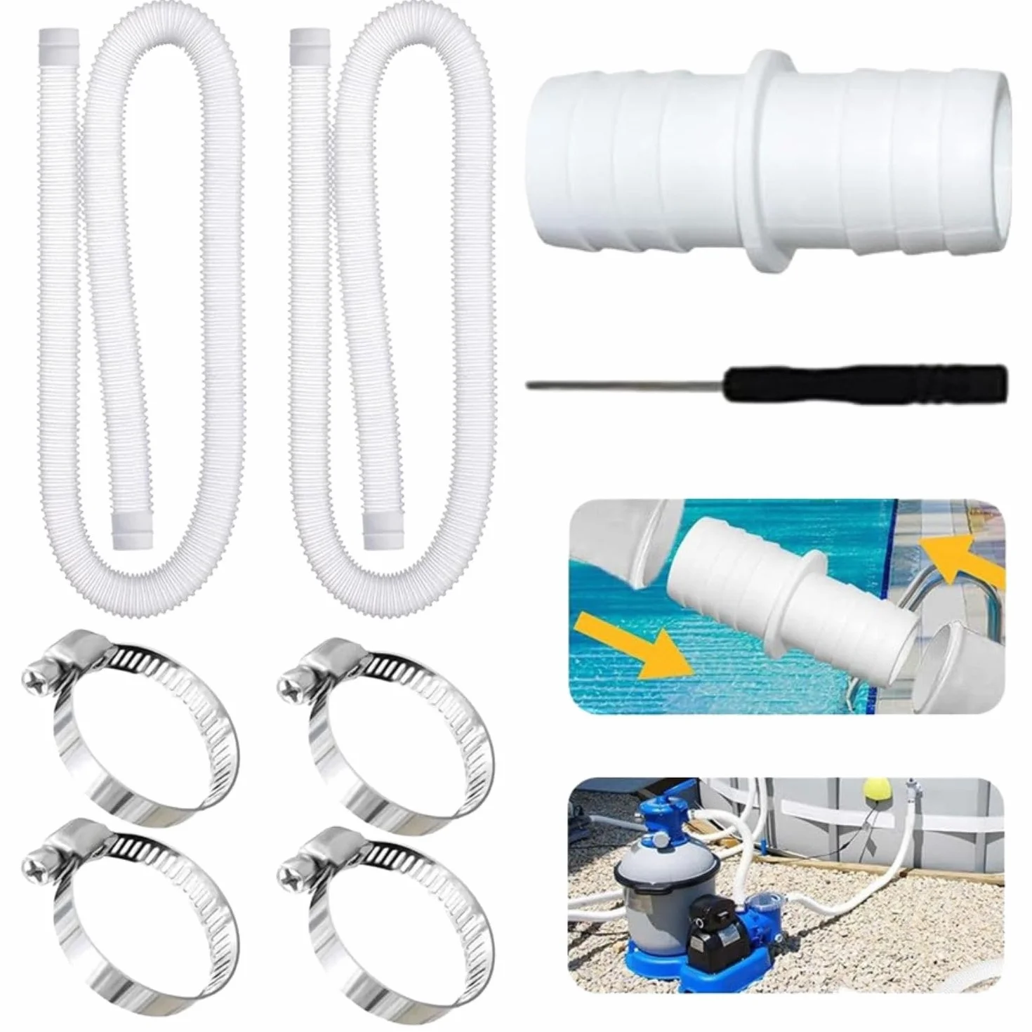 Tuyau Piscine 32mm – 2x Tuyau Flexible avec 4 Clips de Sécurité et 1 Raccord Universel – Compatible avec Toutes les Pompes de Filtration – Installation Facile – Pour Piscines, Spas, Aquariums