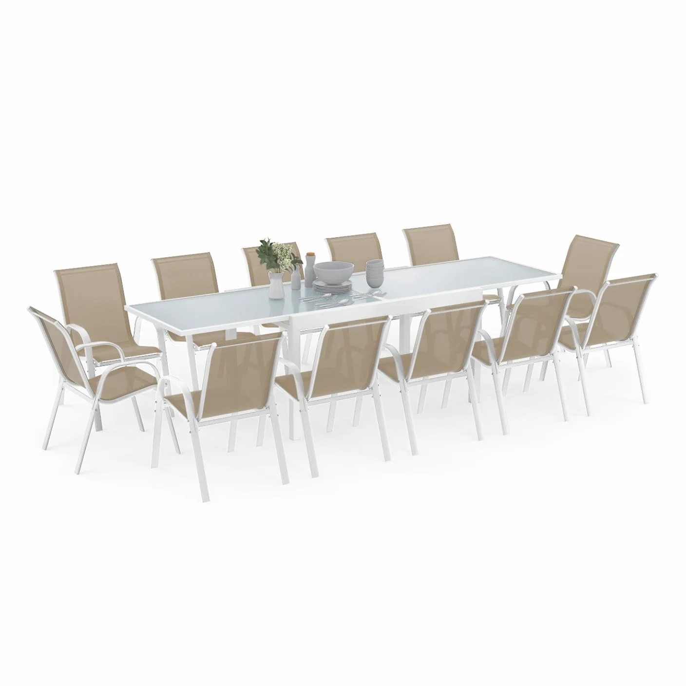 IDMarket - Salon de Jardin Madrid Table Extensible 135-270 CM et 12 chaises empilables Blanc et Beige