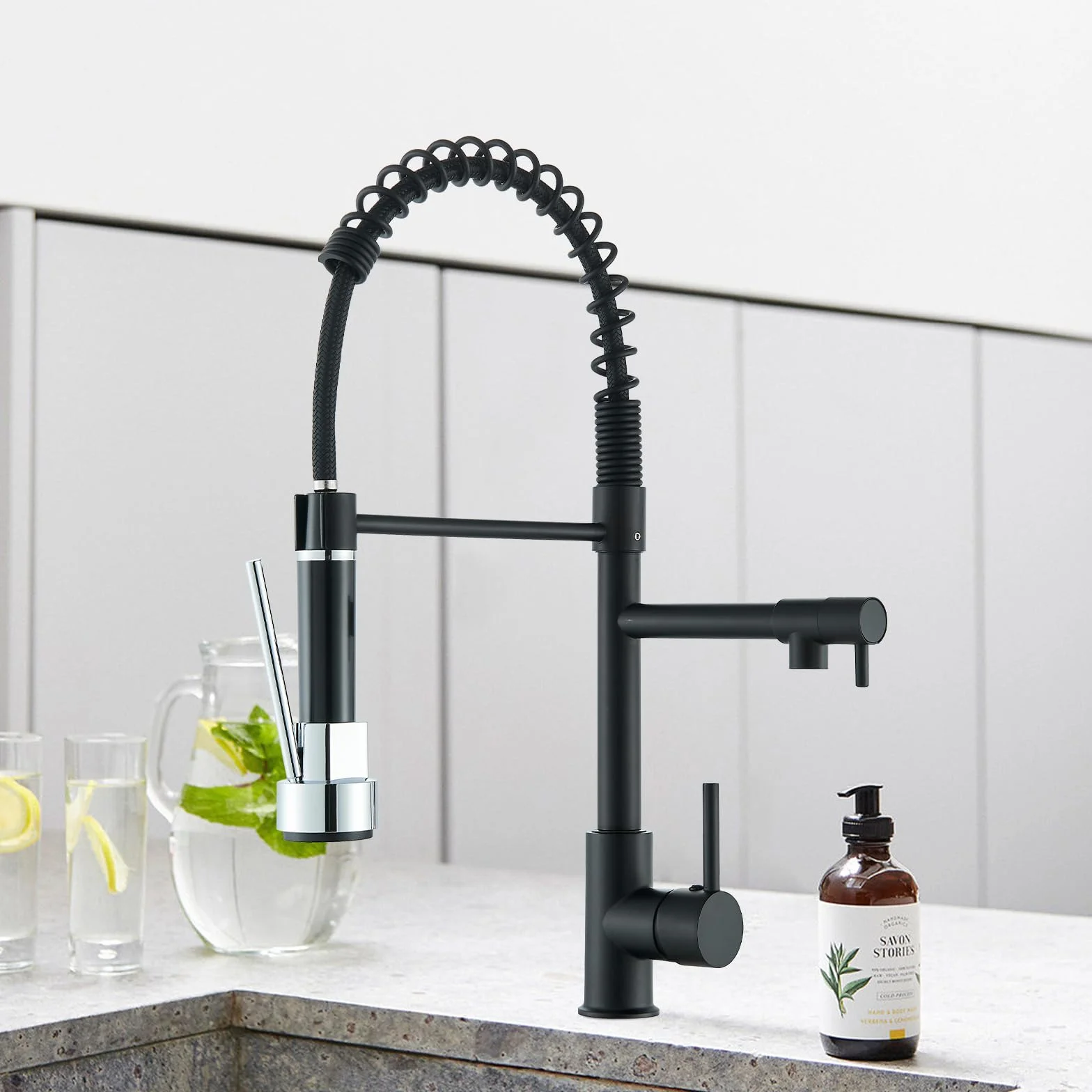 Robinet de Cuisine Noir Mitigeur Deux Jets Douchette Flexible Pivotante Rétractable Bec Haut Arc Élevé Rotatif 360°