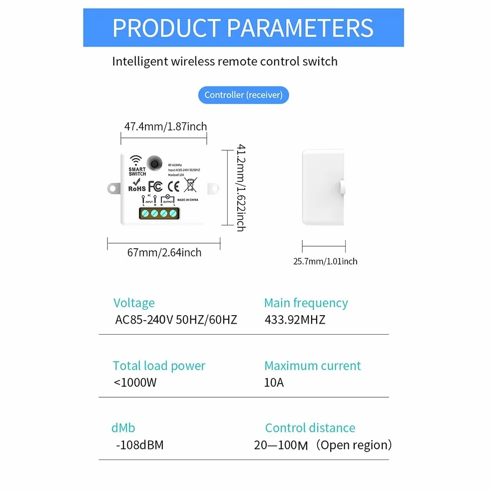 Interrupteur Mural Sans Commutateur 433Mhz Relay Receiver 3Gang LED Télécommande pour Lampe LED