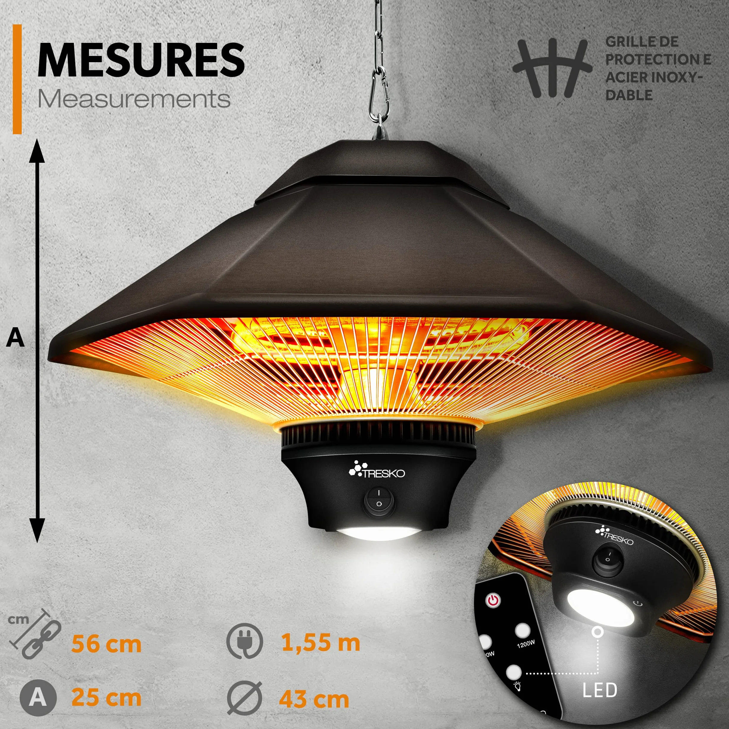 TRESKO Chauffage Radiant Mural Infrarouge 1200W Télécommande Affichage LED Radiateur Rayonnant Électrique Terrase Bronze