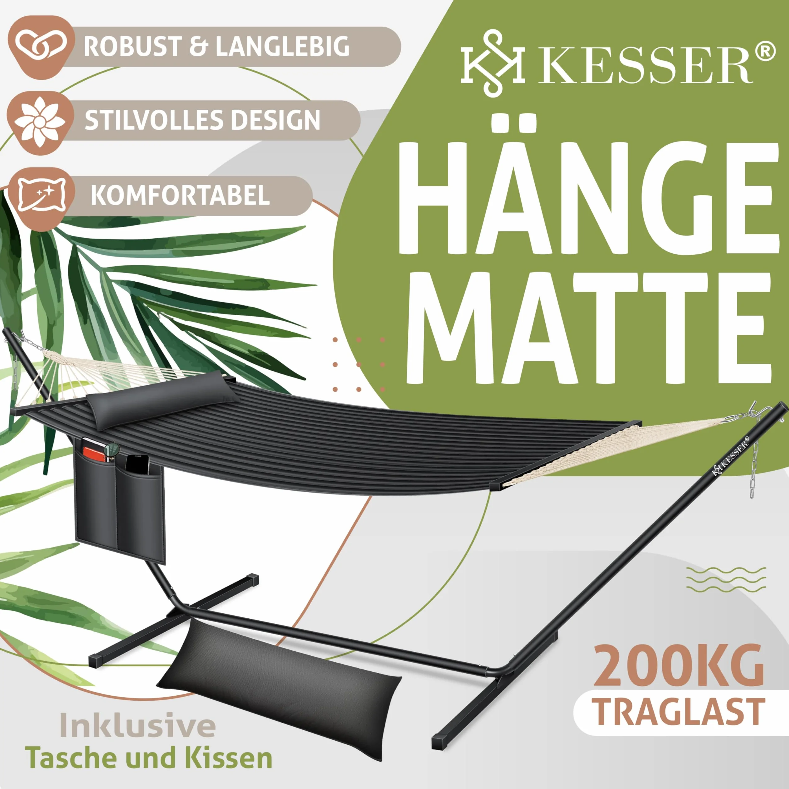 KESSER Hamac Double avec Support Coussin 200 kg Capacité Charge Intérieur Extérieur XXL Fauteuil Suspendu