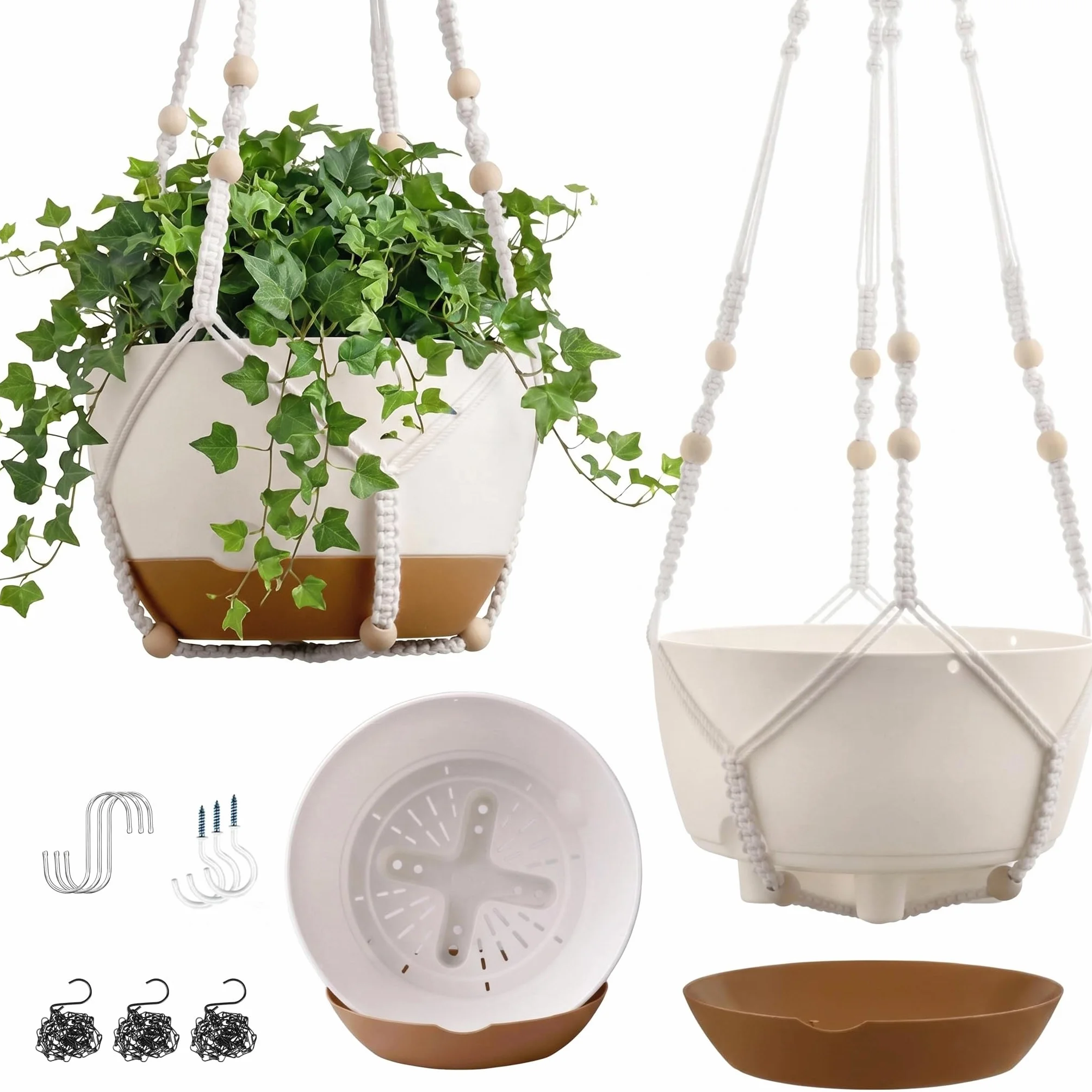 FUSHITON Lot de 3 Suspensions pour Plantes Intérieur & Extérieur, Pots Auto-arrosants 24+24+20,5 cm Blanc
