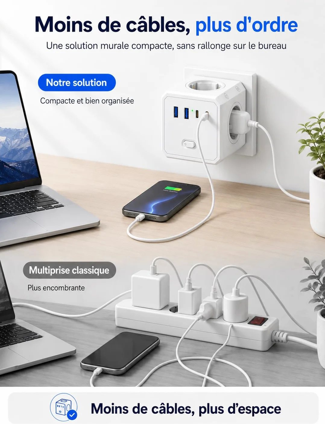 BURNNOVE Multiprise Murale USB C 8 en 1 4 Prises AC 2 USB-A 2 USB-C Interrupteur 16A 4000W Blanc