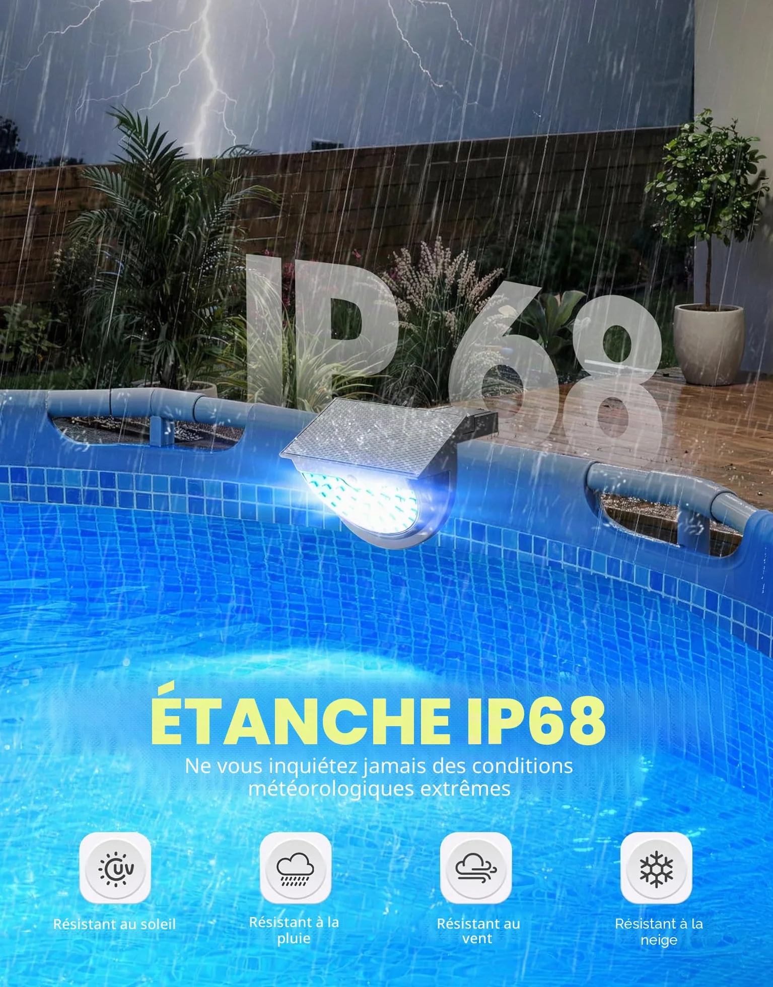 Lampe Piscine LED Solaire IP68 RGB, Eclairage Piscine Hors Sol sans Fil 10 Modes