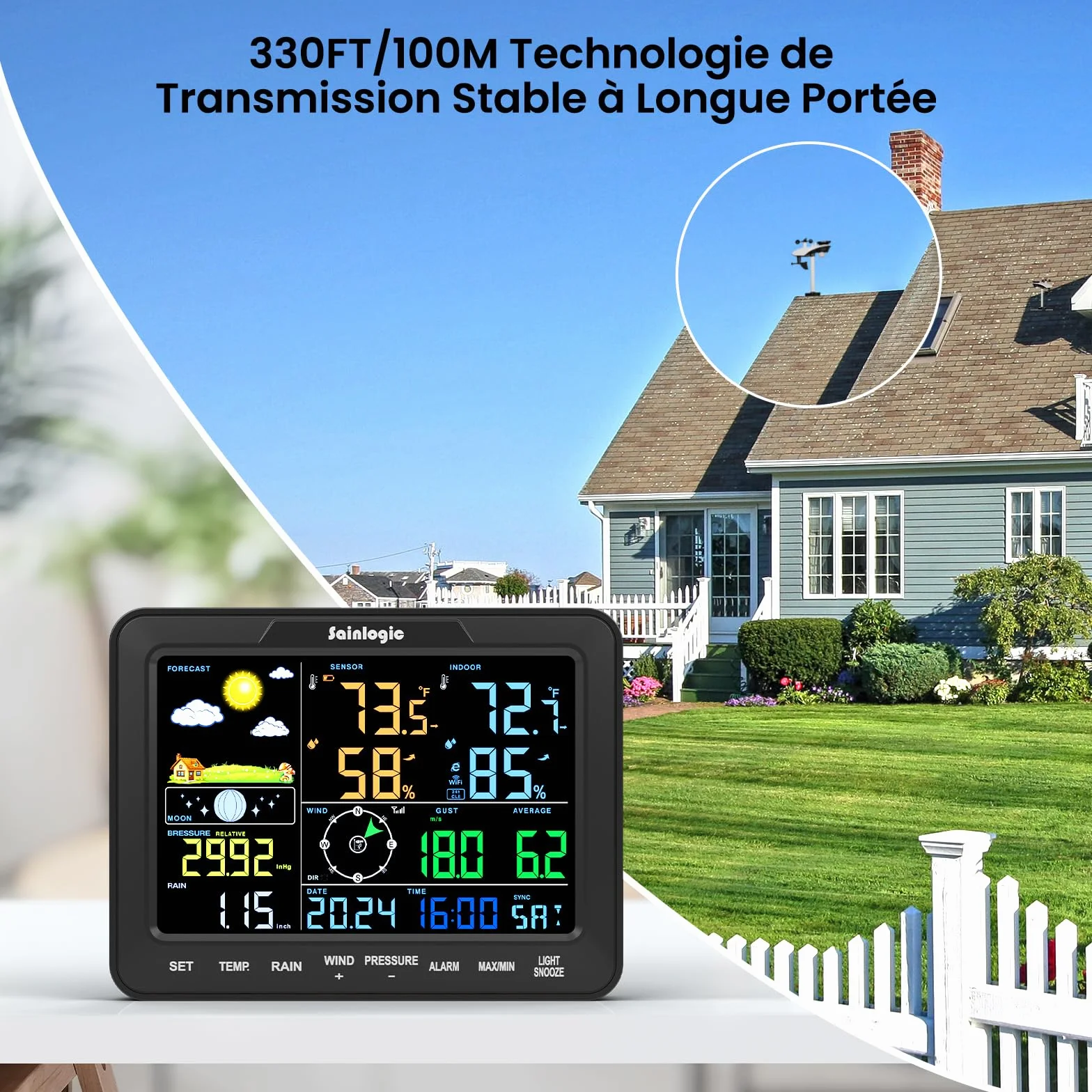 Sainlogic Station Météorologique Intelligente WiFi Sans Fil avec IA Weatherseed® Alerte App Courriel Anémomètre Pluviomètre Stockage 2 Ans