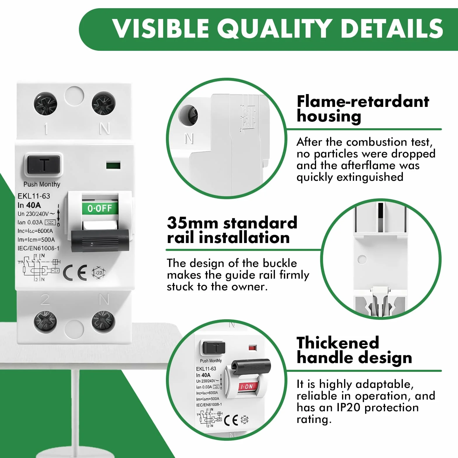 Jadeshay Disjoncteur différentiel 30mA 40A 2 Pôles RCCB Type A Protection fuites AC230V IP20