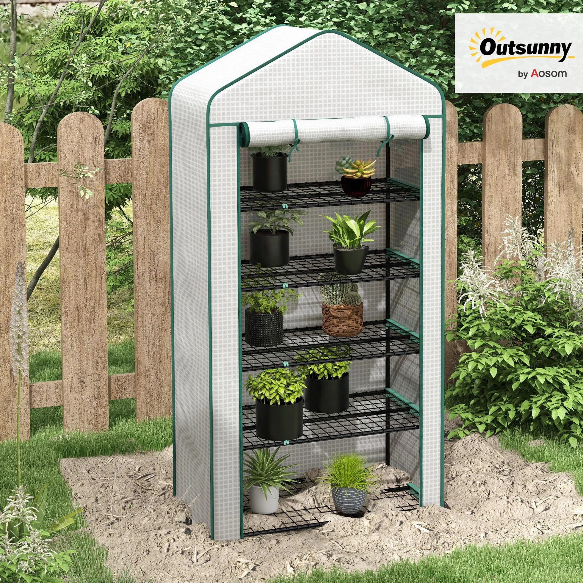 Outsunny Serre de Jardin 5 Niveaux, Balcon, Acier, Porte zippée Enroulable, 90x49x193cm, Blanc