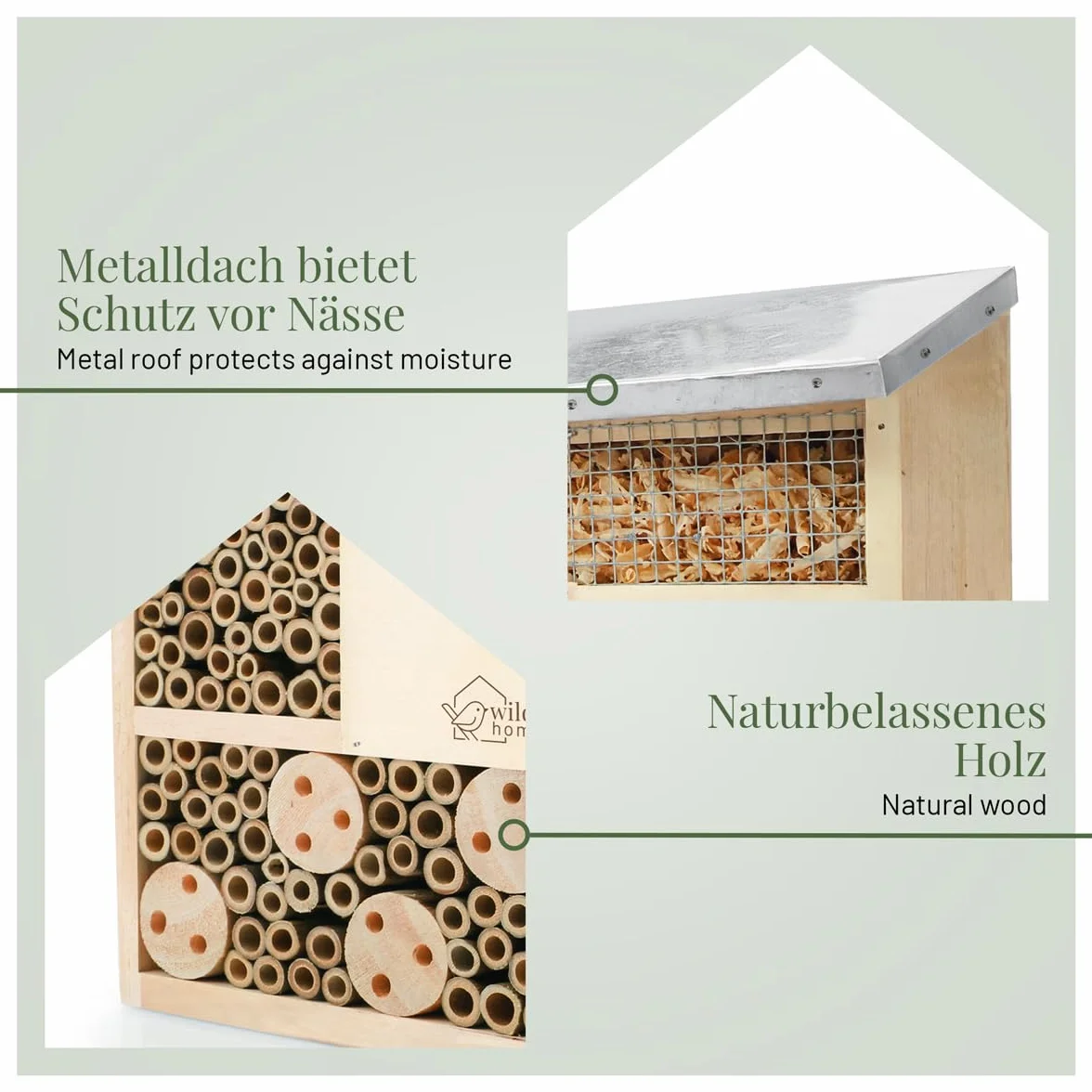 Hôtel à insectes WILDLIFE HOME avec toit en métal, bois massif non traité pour abeilles, coccinelles et chrysopes