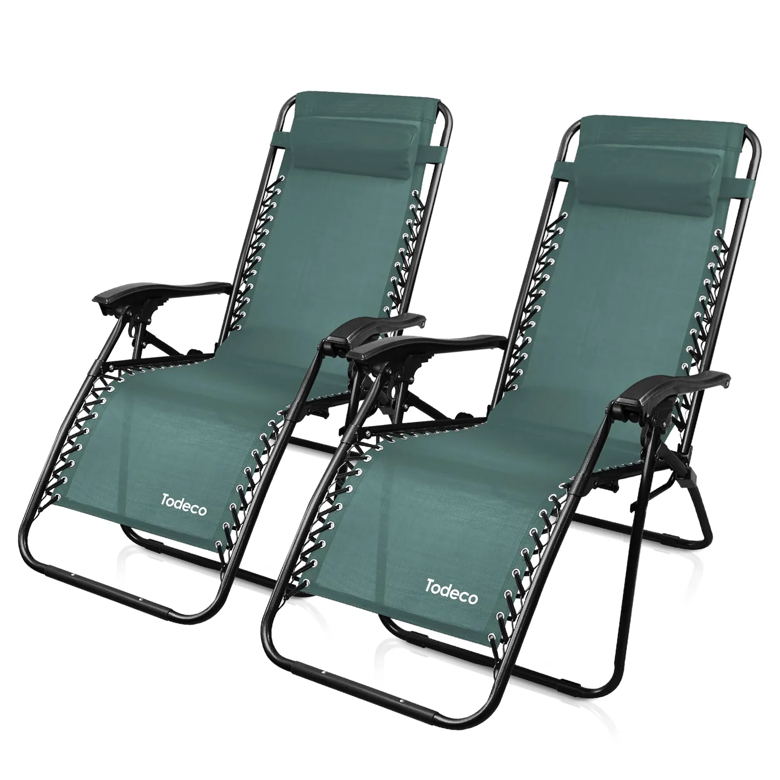 Todeco Transat Exterieur Lot de 2, Chaise Longue Inclinable, Bain de Soleil | Repose-tête, Textilène respirant, accoudoirs réglables, bain de soleil pour extérieur, camping et jardin, vert
