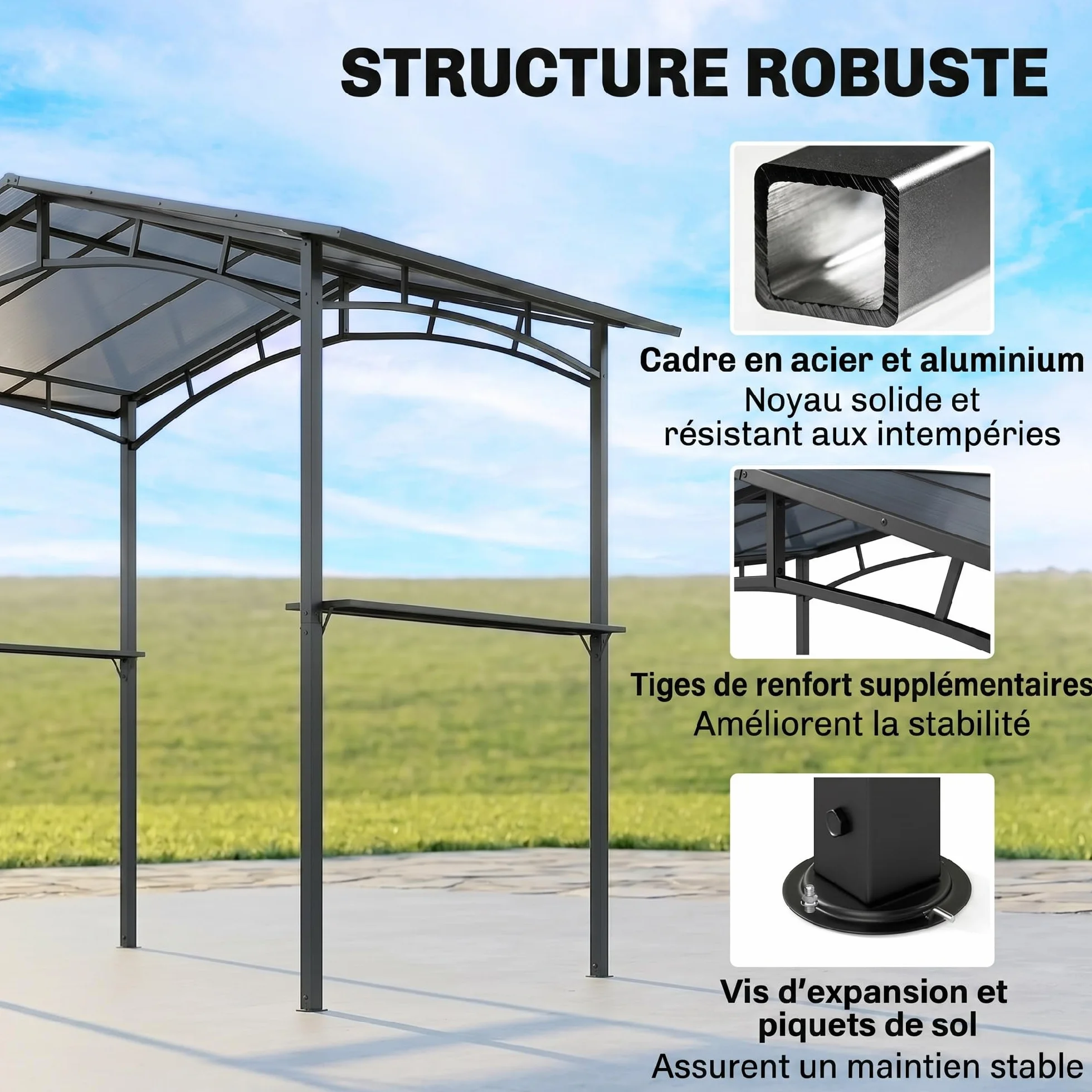 Outsunny Pavillon Jardin 2,5 x 1,5 m Abri Barbecue Toit Polycarbonate Métal Noir