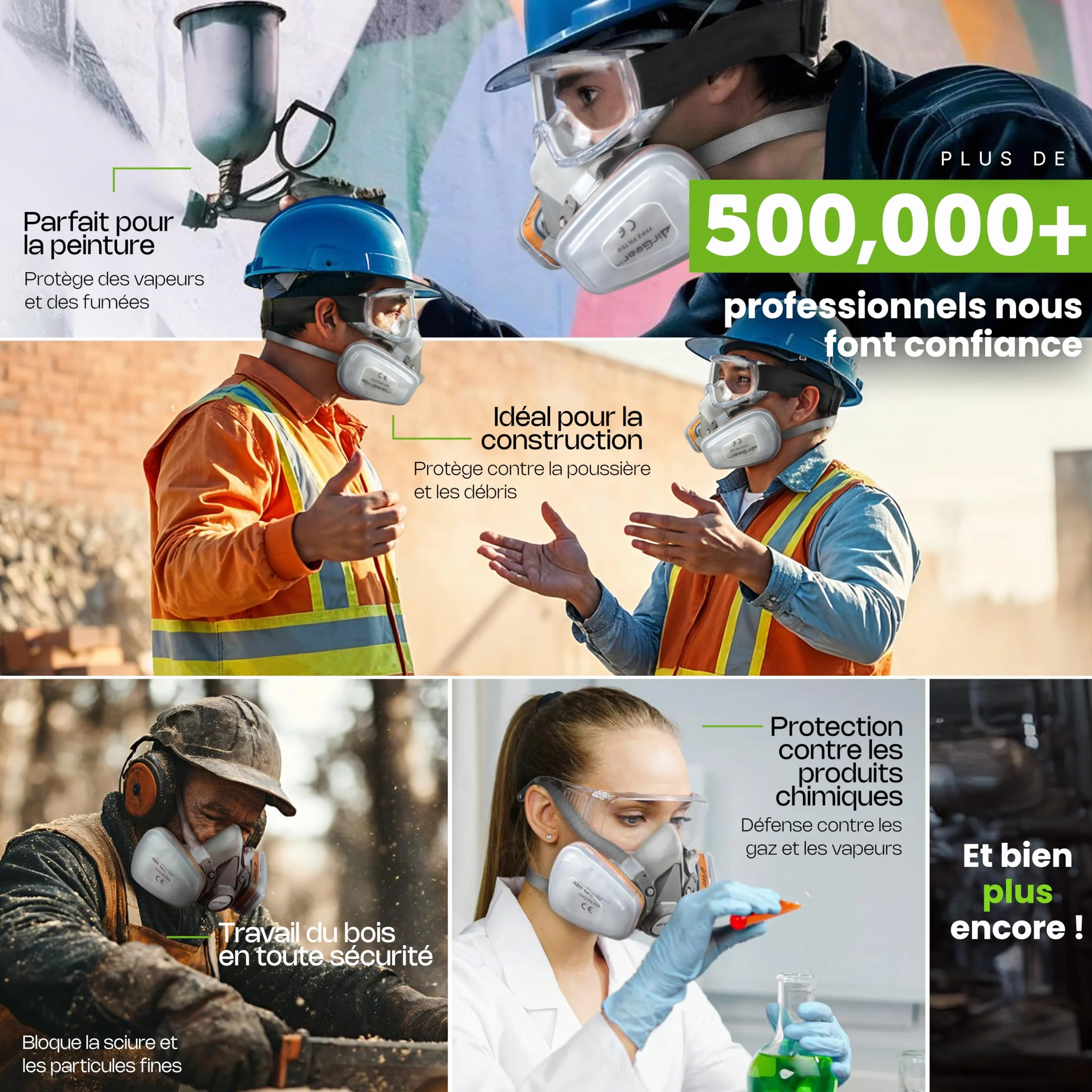 AirGearPro G-500 Masque de Protection Respiratoire Réutilisable Anti poussière Gaz avec Filtres et Lunettes de Protection