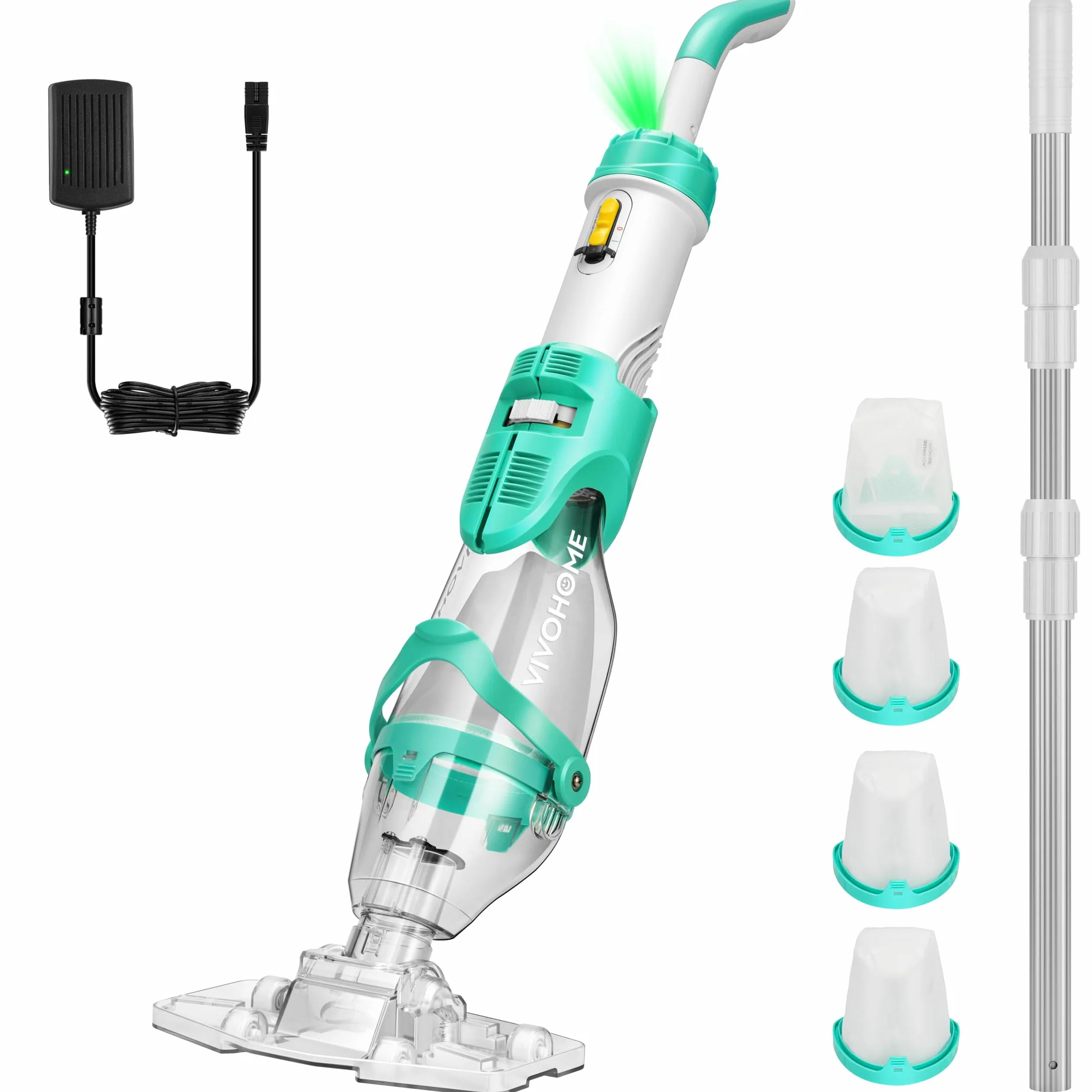 VIVOHOME Aspirateur de Piscine sans Fil 72LPM avec Batterie, Nettoyeur Portable 4 Sacs Filtrants 2,6L, Perche Télescopique 250cm
