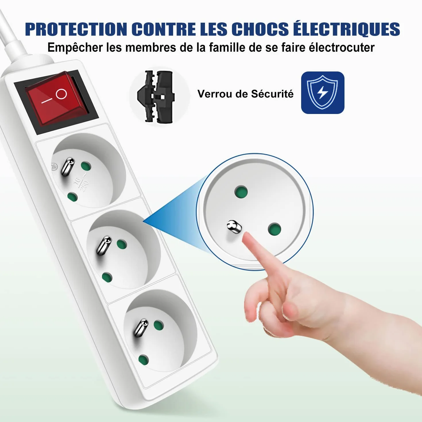 Extrastar Bloc 3 Prises avec Interrupteur Rallonge 1.5m 230 V Sécurité Enfant Blanc