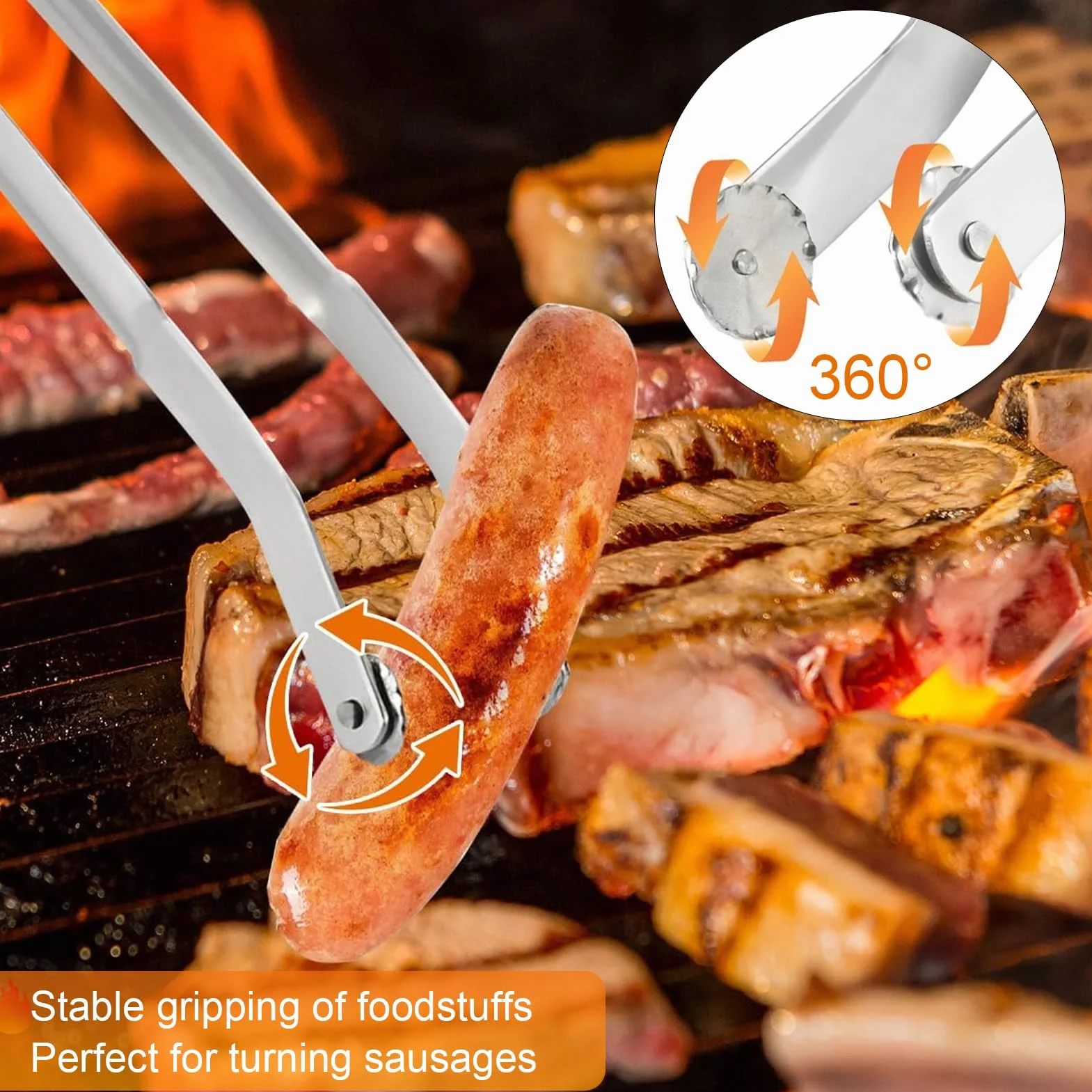 Pince à Saucisse BBQ,Pince Barbecue Roulette,Pince à Retourner les Saucisse,Pince Barbecue Inox à Roulettes,Pince Barbecue Rotative,Pour Cuisine,Barbecue