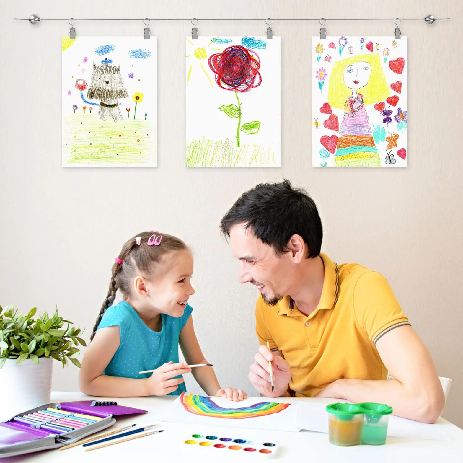 Kit de fil de suspension pour œuvres d'enfants avec clips réglables, décoration murale, 3 m