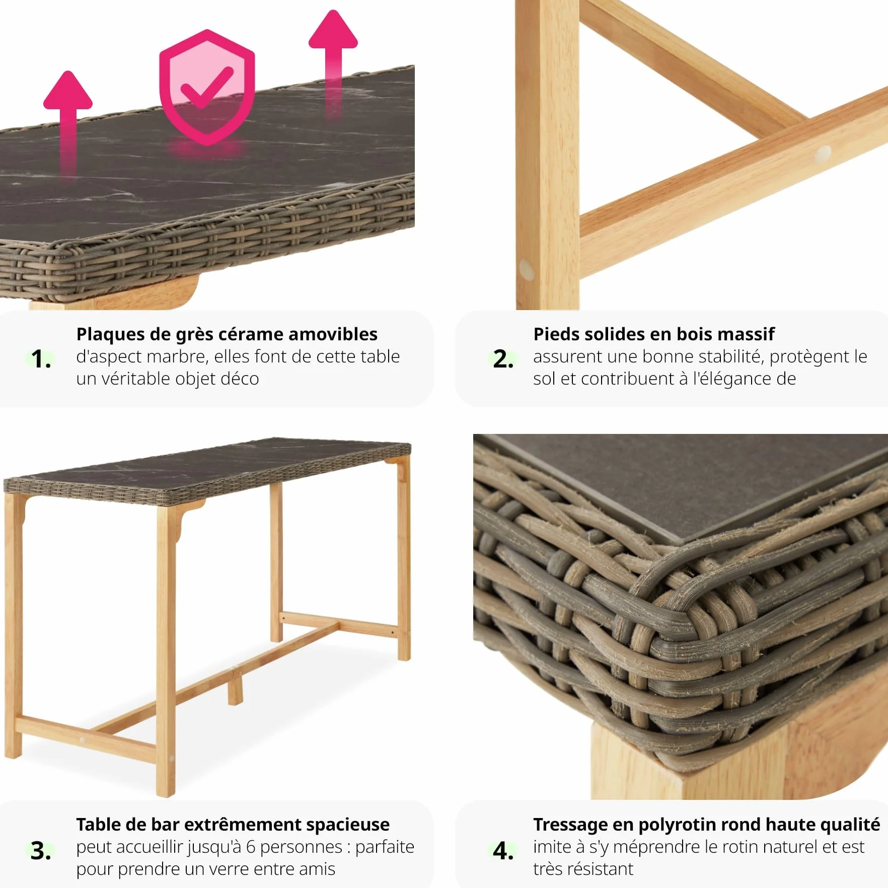 tectake® Table de Bar Haute Extérieur en Résine Tressée & Grès cérame Fin marbré Résistante aux intempéries pour Salon de Jardin, Structure en Aluminium & Bois Massif, Mobilier de Jardin