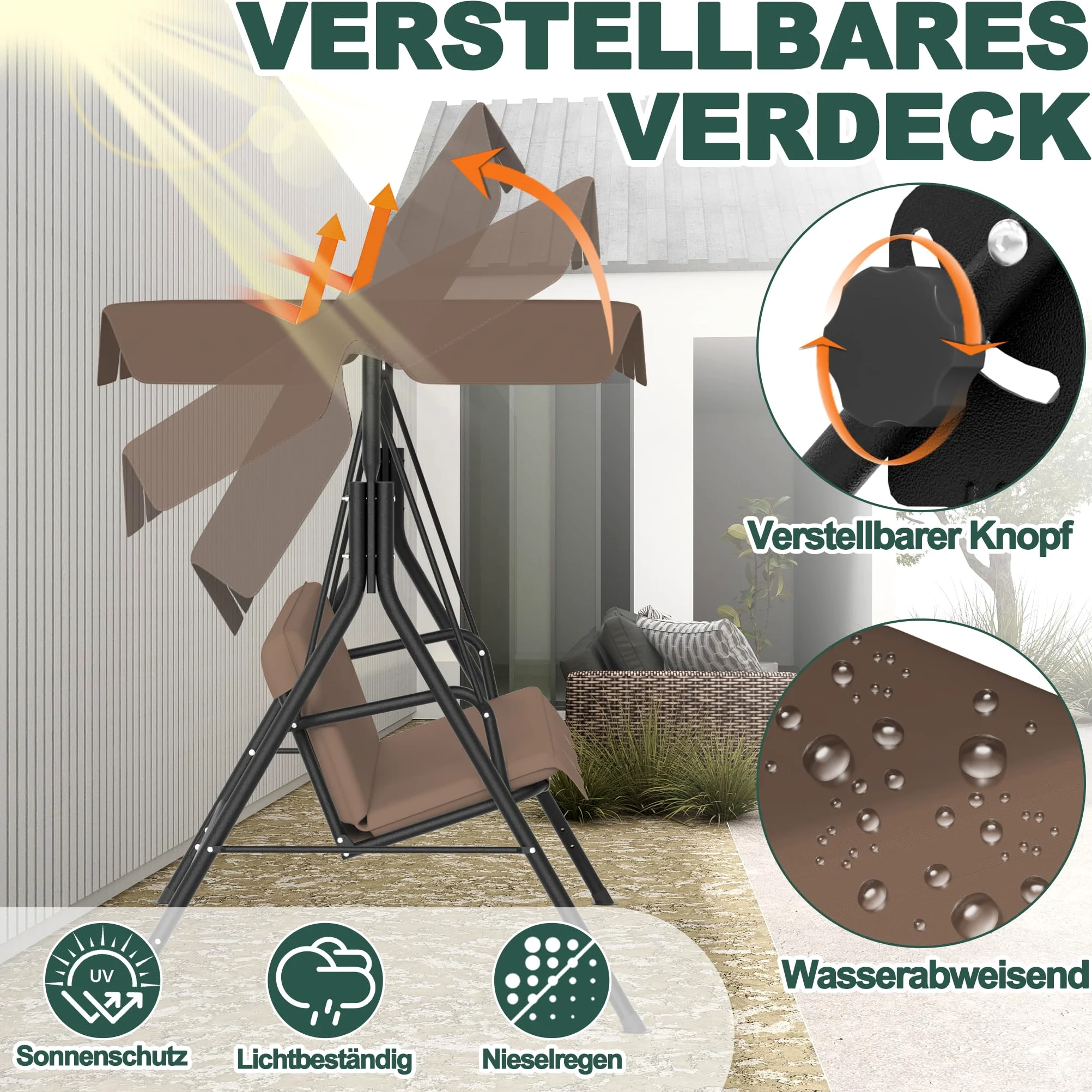 LZQ Balançoire Hollywood 3 places résistante aux intempéries - Avec toit réglable - 176 x 110 x 152 cm - Charge maximale : 200 kg - Pour extérieur, intérieur et extérieur, marron foncé