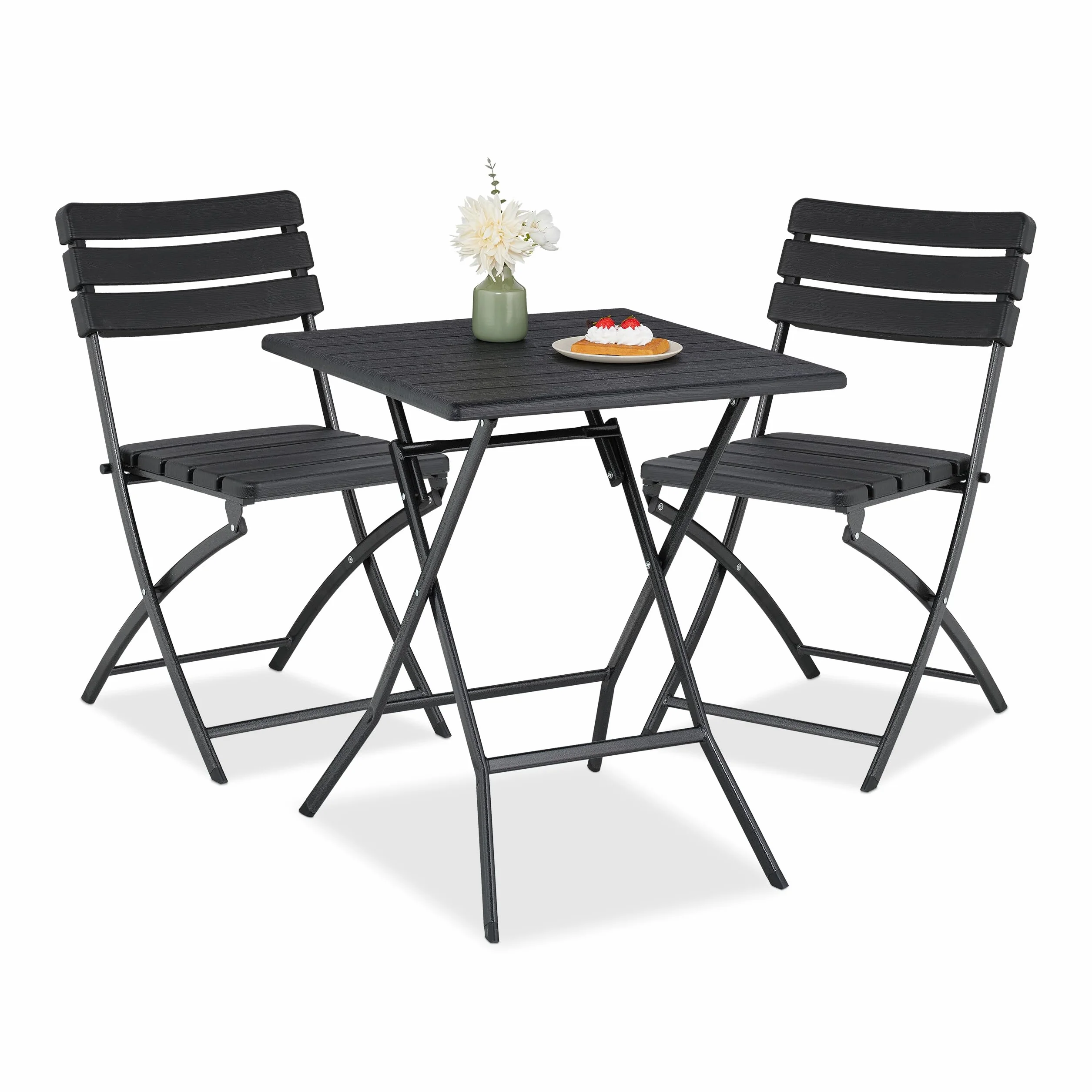 Relaxdays Table Pliante et 2 chaises pour Balcon, Aspect Bois, Acier et Plastique, Meubles terrasse, Noires