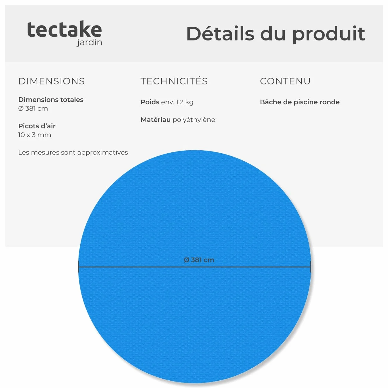 Tectake Bâche Chauffante Solaire Piscine Ronde Ø3,81m Bleu Protection Chauffage Piscine Hors Sol Spa