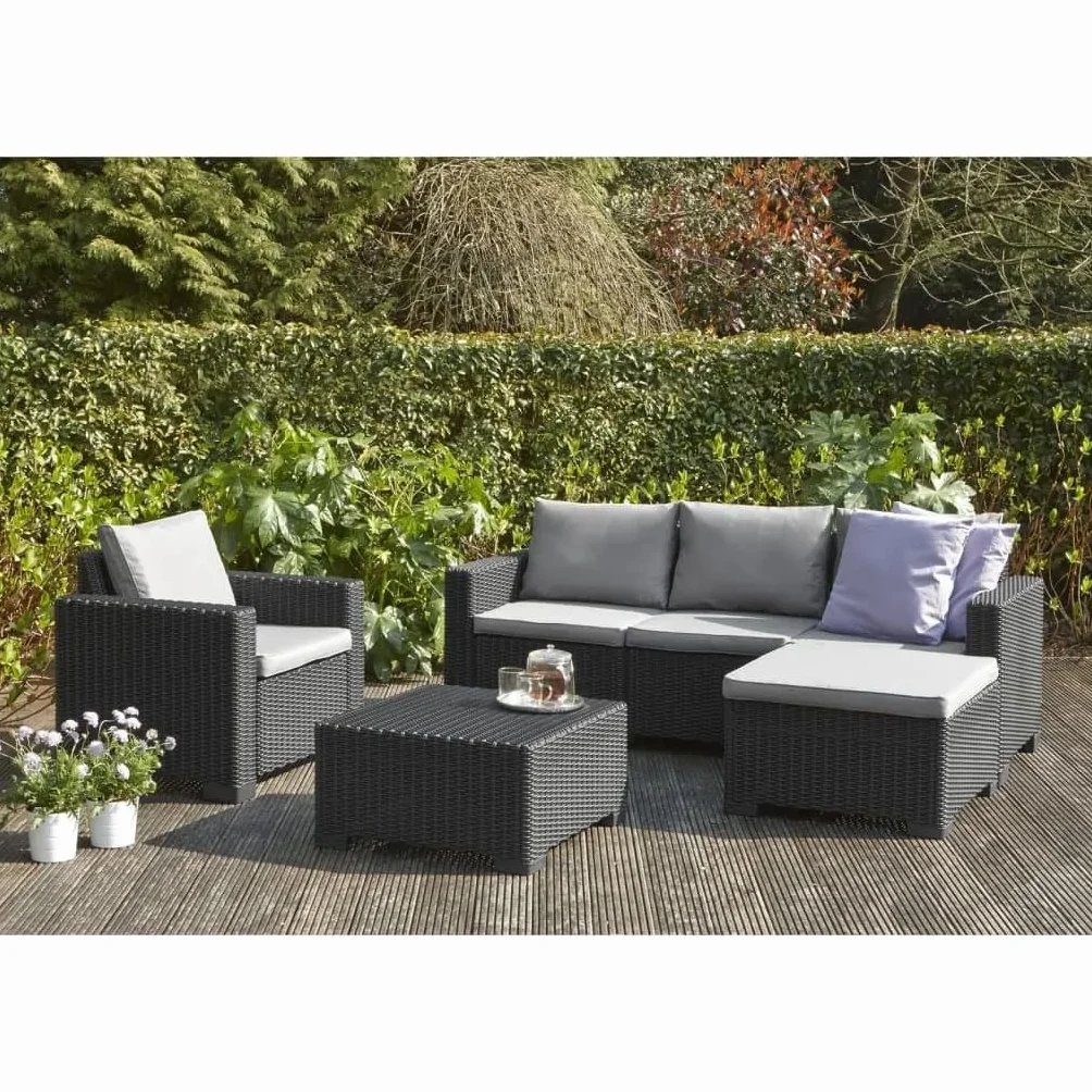 Keter Allibert by California Tabouret Repose-Pieds, Table de Jardin en Plastique, avec Coussin extérieur, Gris, Aspect rotin, 68 x 68 x 35 cm