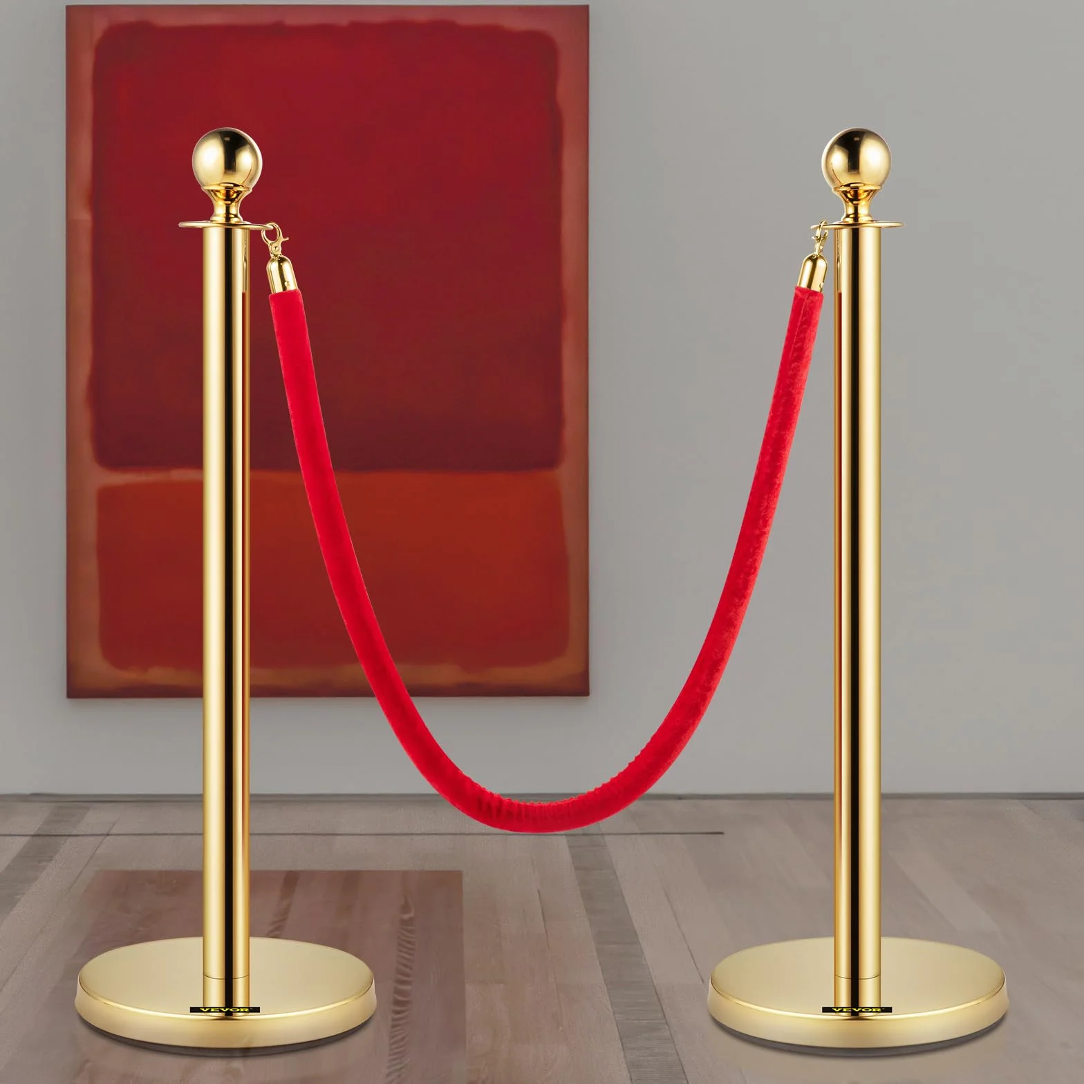 VEVOR Poteau de Guidage Doré 2PCs, Barrière de Balisage avec Corde Velours Rouge 1,5m pour Contrôle de Foules