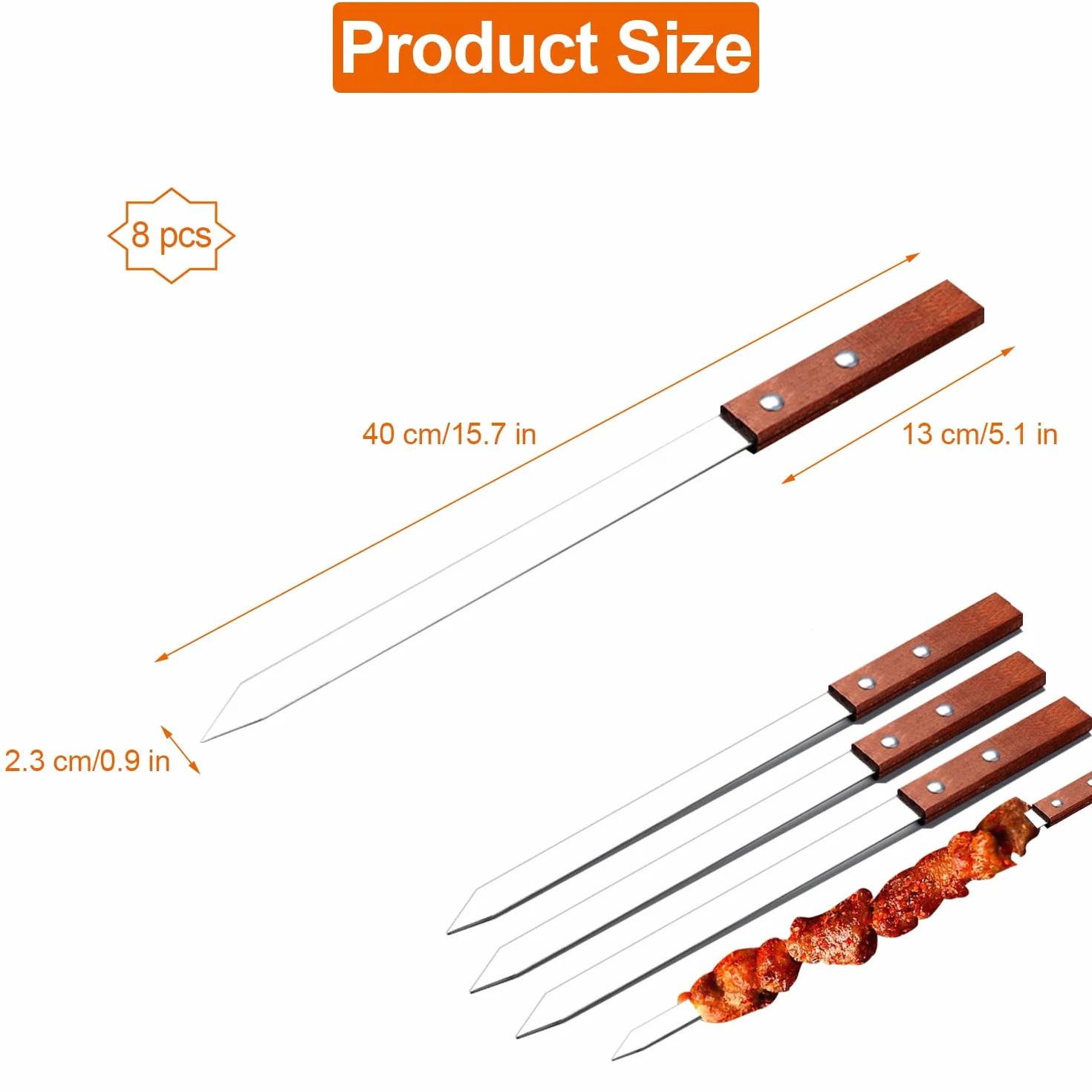 Pique a Brochette Inox pour Barbecue, 8 Pièces, Réutilisable, Ustensiles Camping