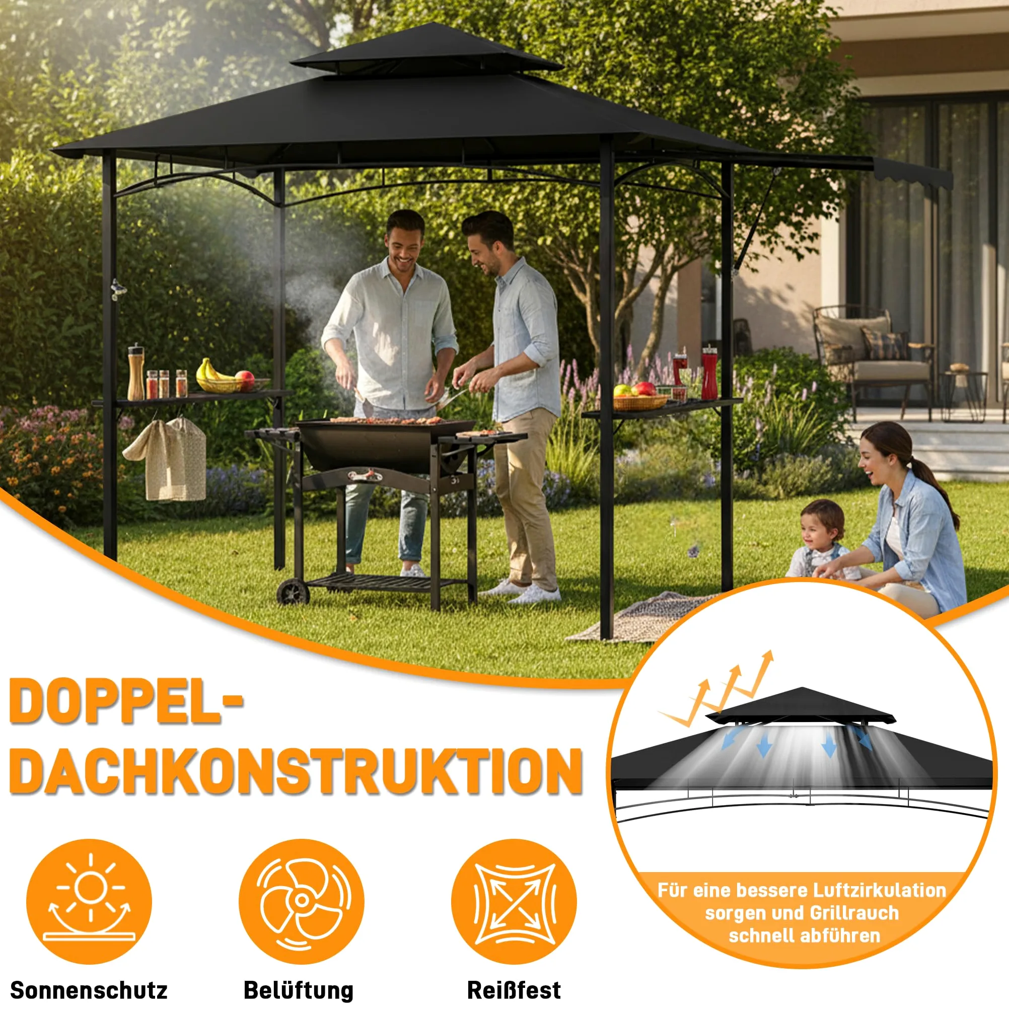 Tonnelle pour barbecue noire avec double toit et store latéral escamotable, 245x141 cm - Tonnelle pour barbecue avec cadre en métal et étagères pratiques, abris de jardin résistants aux