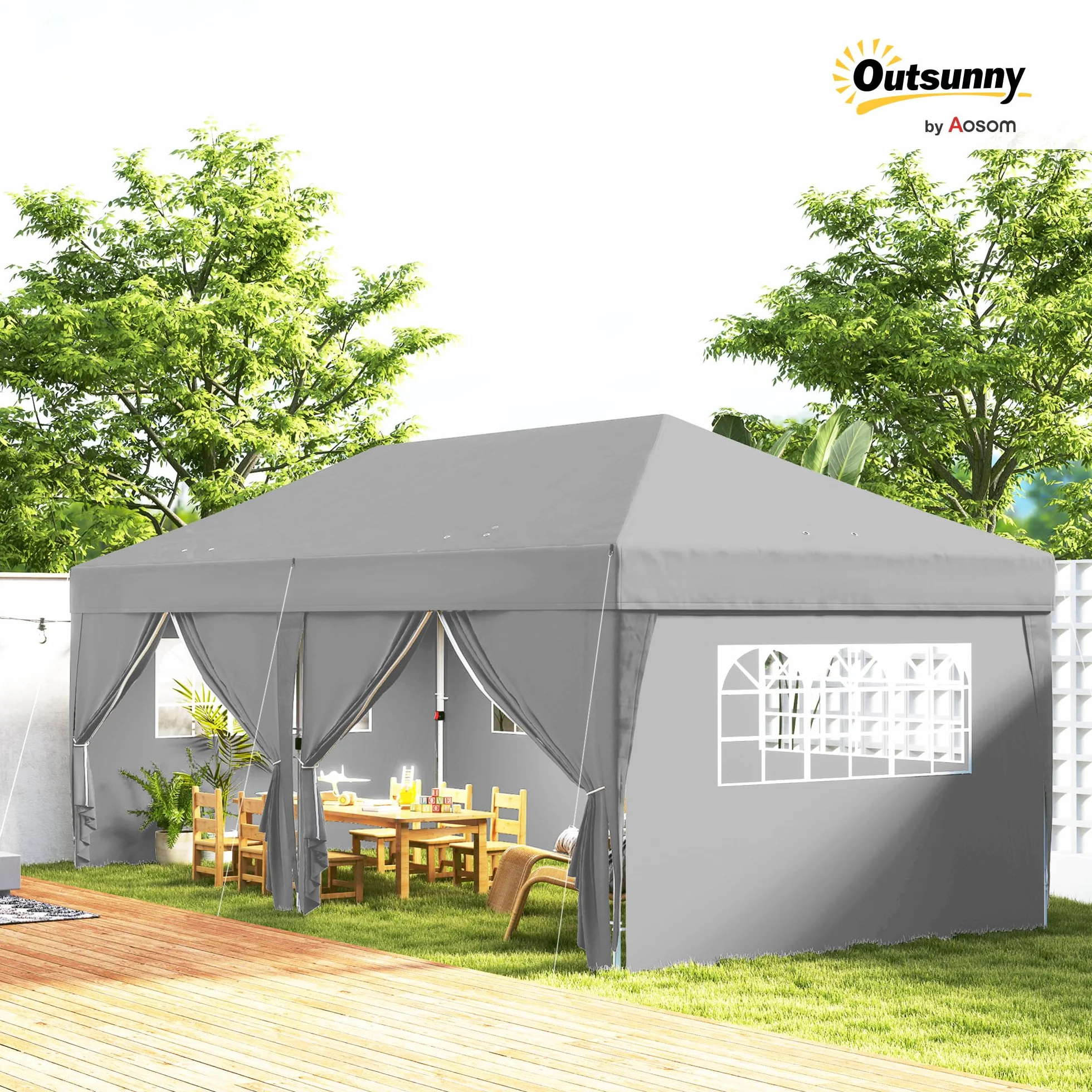 Outsunny Tonnelle de Jardin Exterieur tonnelle Pliante 3 x 6 m Pop-up avec 6 parois latérales, Trous de Drainage, Sac de Transport Inclus, Barnum Pliant pour Camping Festival Mariage, Gris