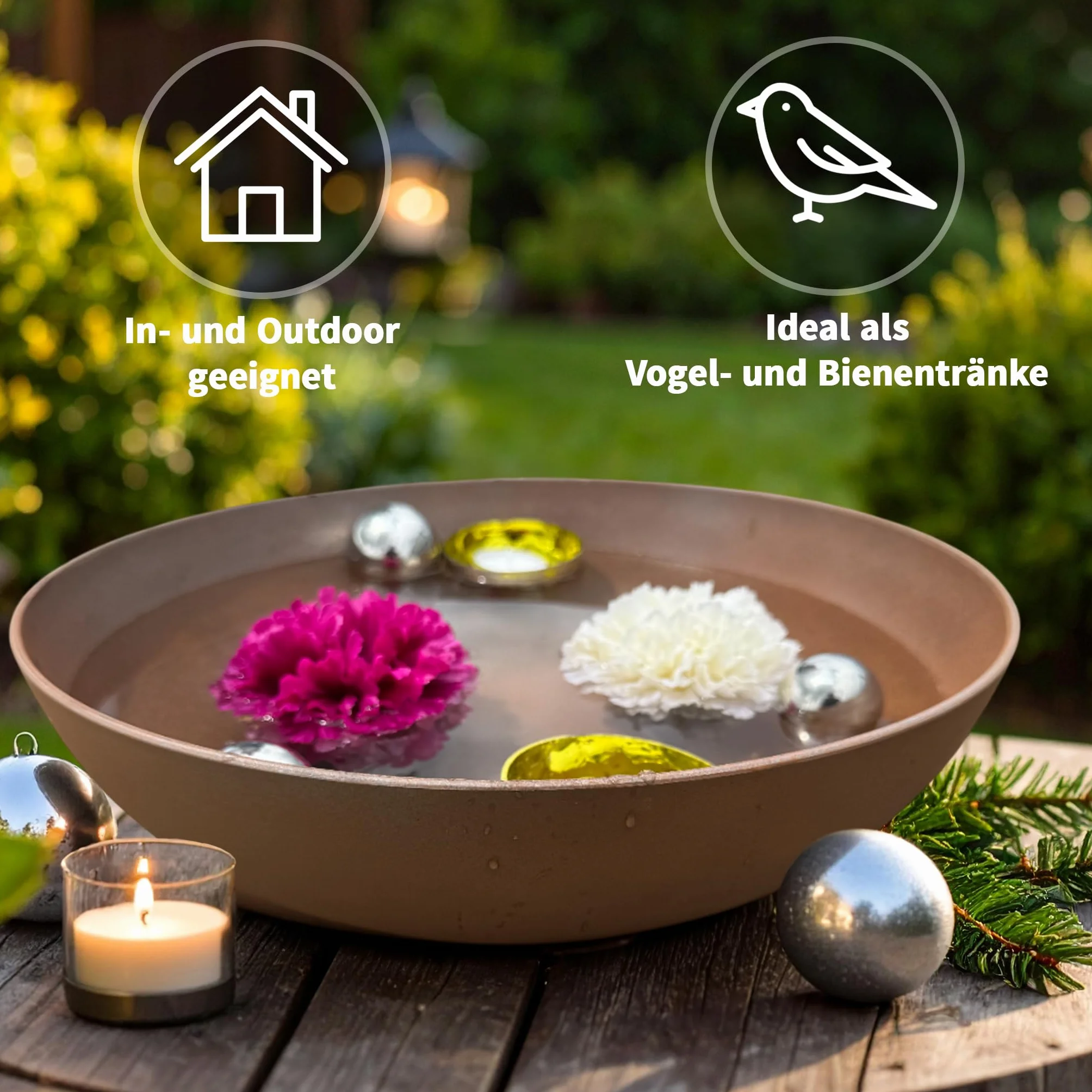 matches21 HOME & HOBBY Mini étang complet avec pot de fleurs bombé rouillé Ø 37 cm avec boules flottantes et photophores argentés