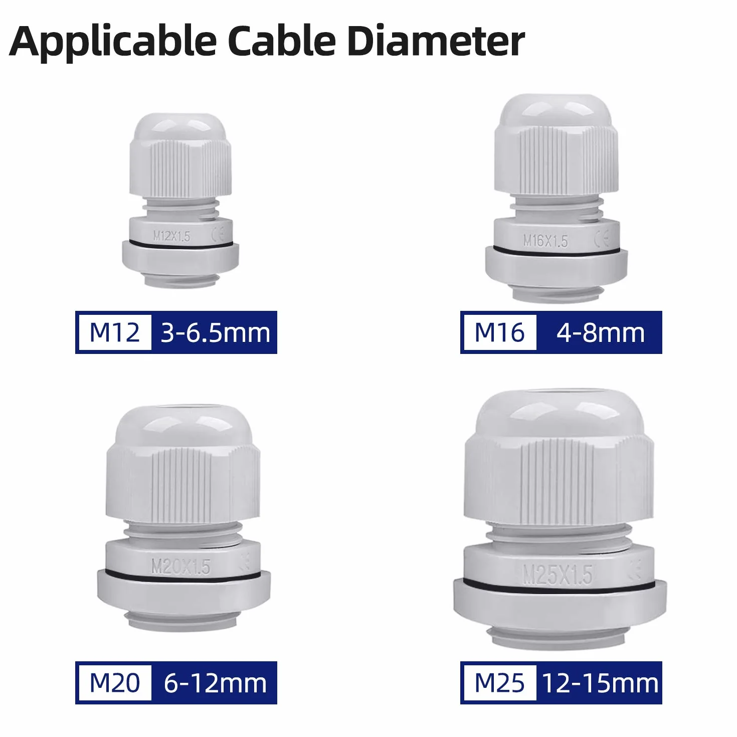 Presse-étoupes Etanche IP68 ARPDJK 3-15mm Caoutchouc Joint Réglable Gris M12 M16 M20 M25 32 Pcs